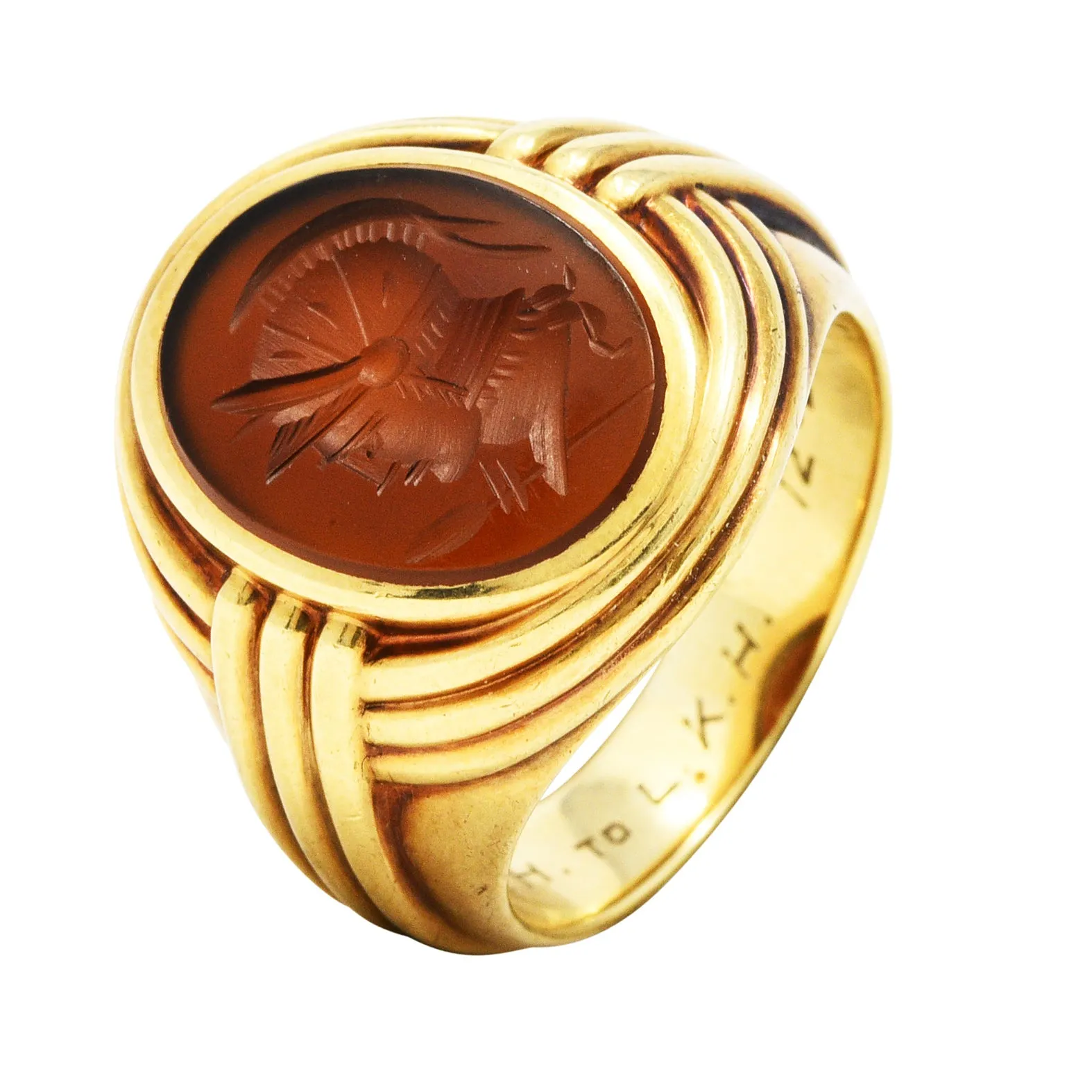 1939 Jones & Woodland Co. Sard Carnelian Intaglio 14 Karat Gold Warrior Signet Ring