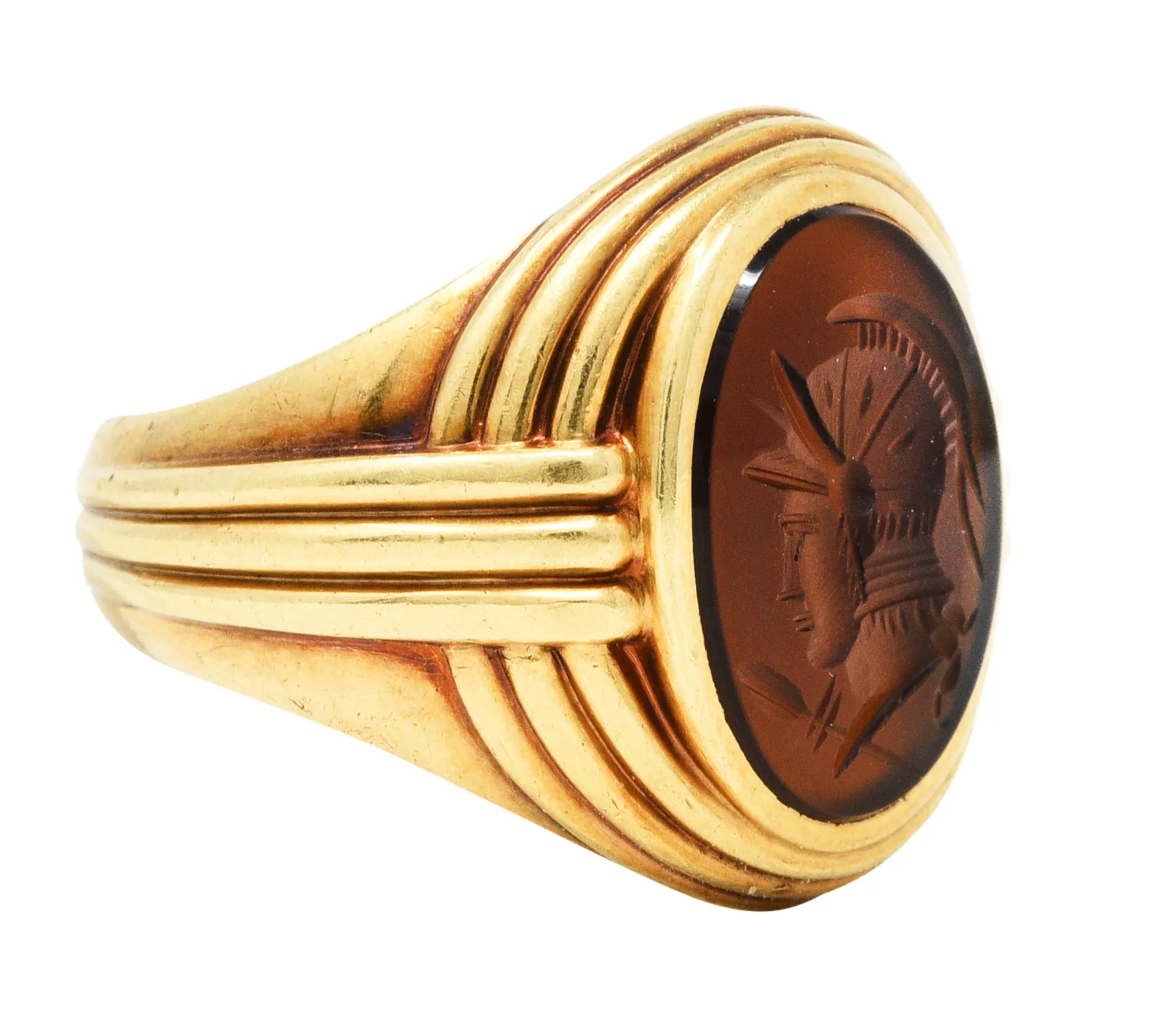 1939 Jones & Woodland Co. Sard Carnelian Intaglio 14 Karat Gold Warrior Signet Ring