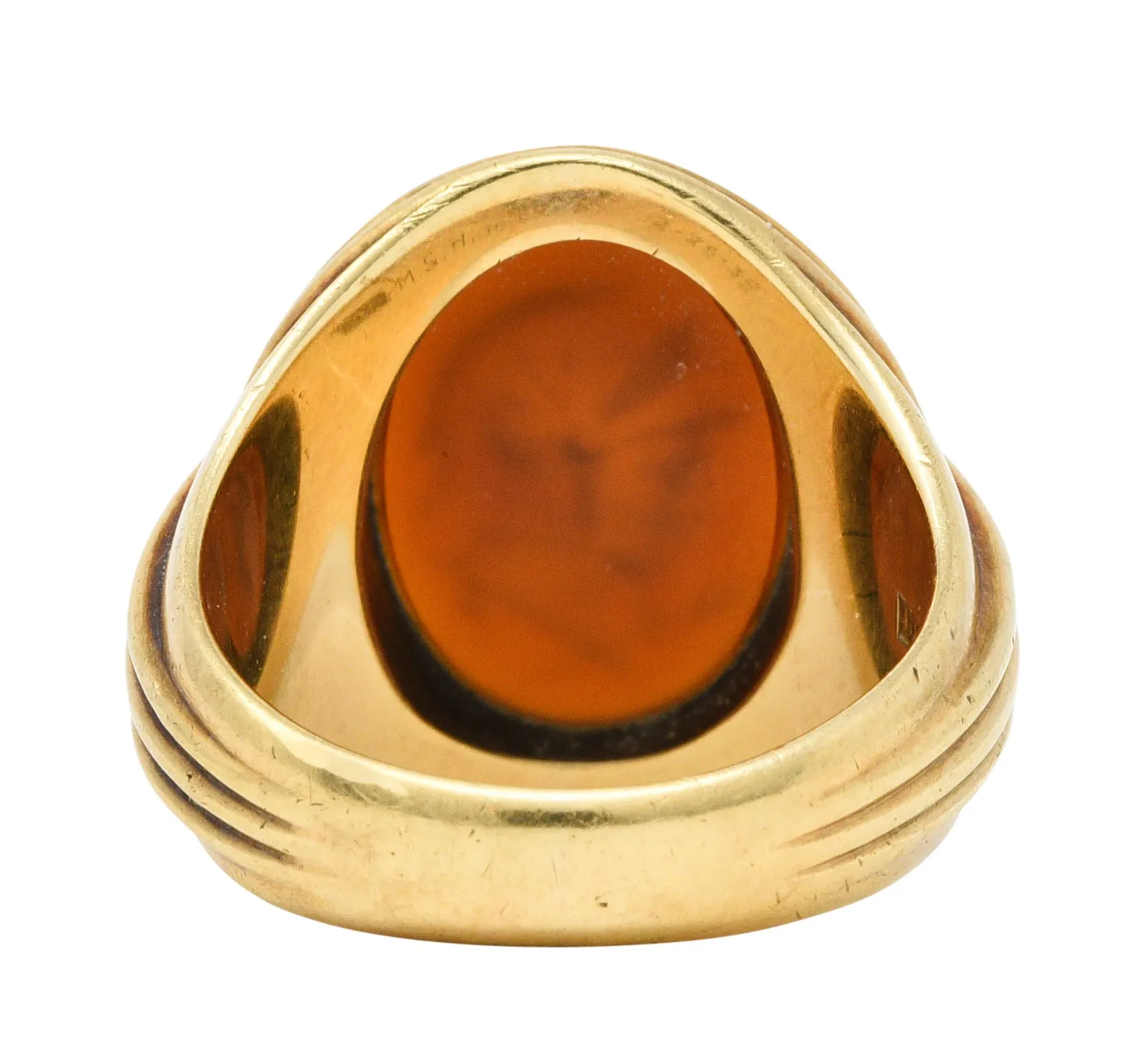 1939 Jones & Woodland Co. Sard Carnelian Intaglio 14 Karat Gold Warrior Signet Ring