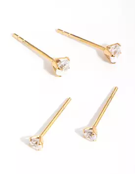 24 Carat Gold Plated Surgical Steel Round Cubic Zirconia Pack Stud Earrings