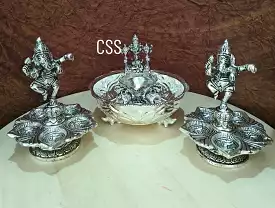 Aradhana , Silver Plated Plate with  Lakshmi Balaji Diya With dancing  Panchamuga Diyas Pair -CZY001PD