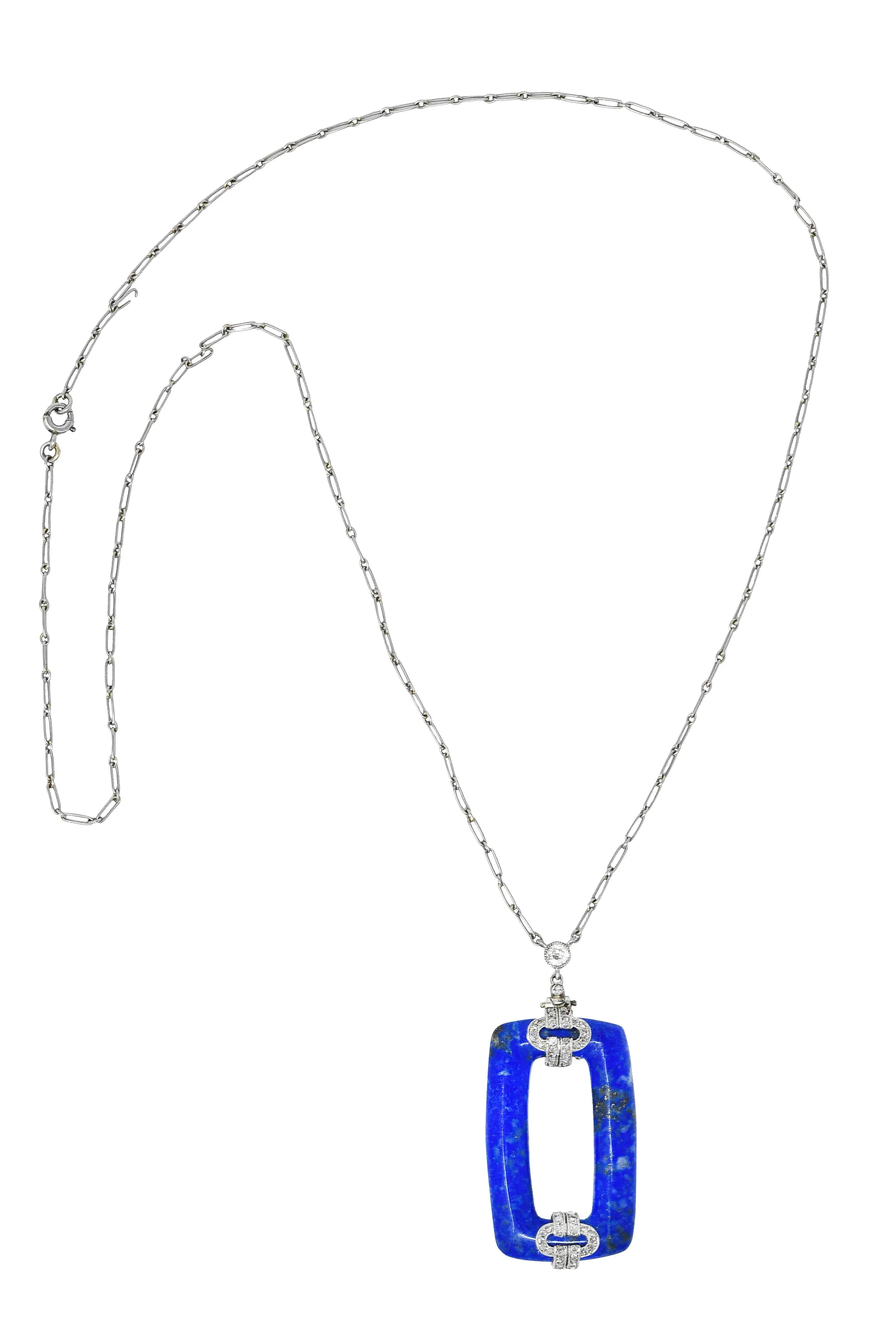 Art Deco 0.65 CTW Diamond Lapis Lazuli Platinum Cushion Drop Necklace