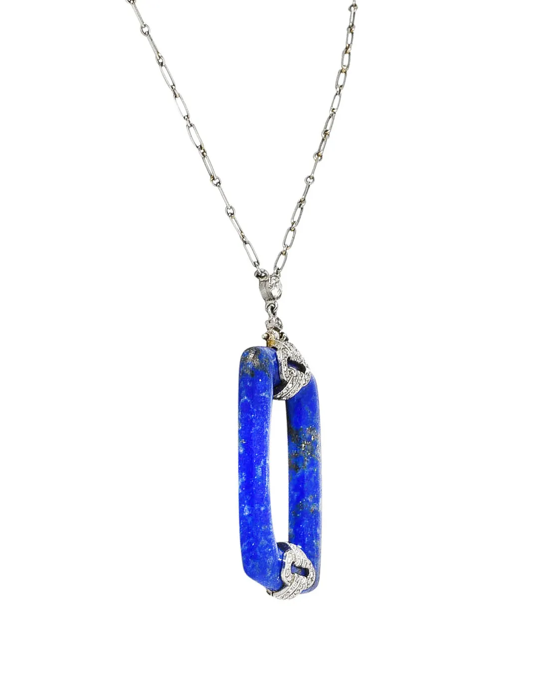 Art Deco 0.65 CTW Diamond Lapis Lazuli Platinum Cushion Drop Necklace