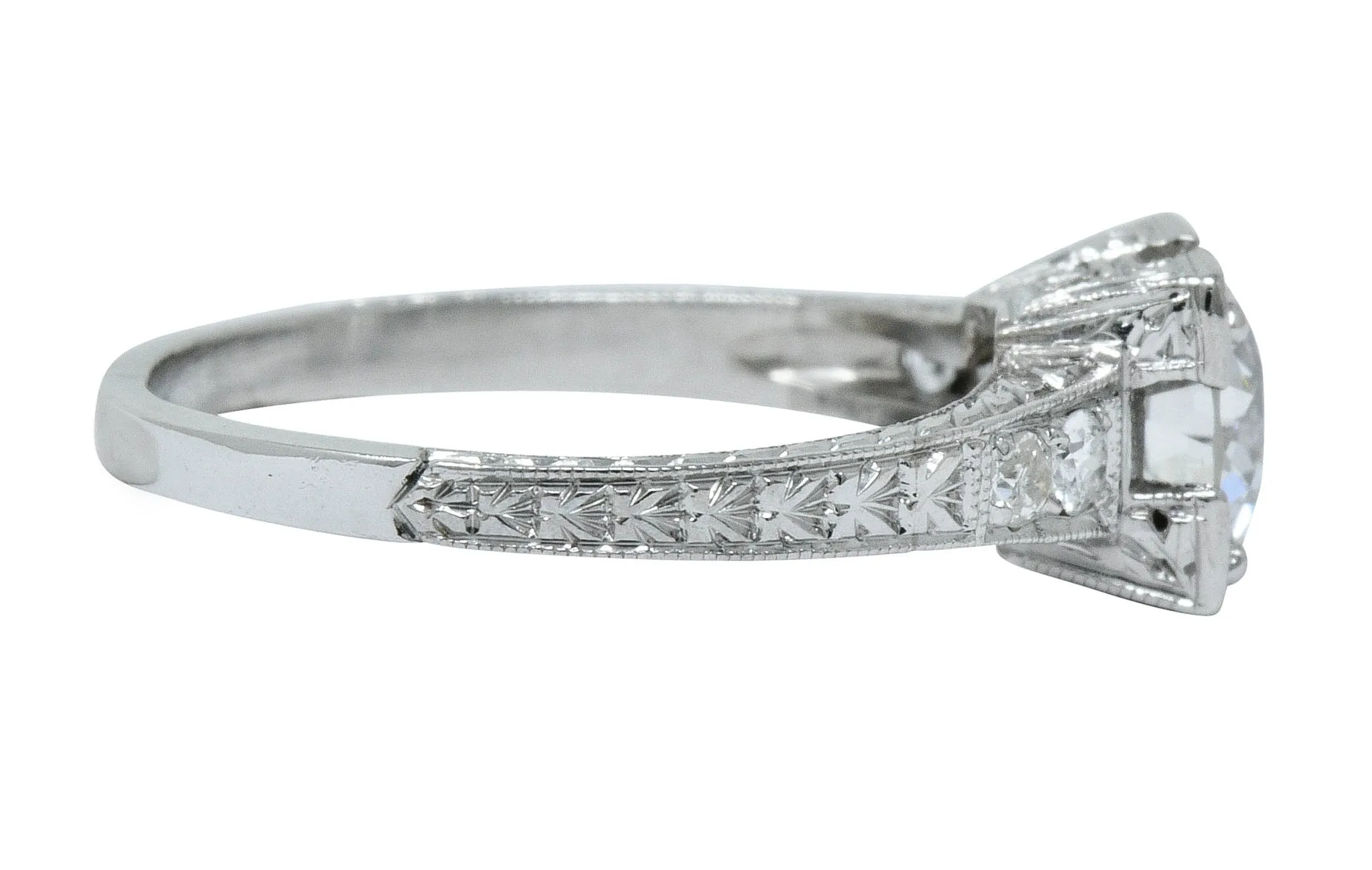 Art Deco 1.00 CTW Diamond Platinum Engraved Foliate Engagement Ring GIA