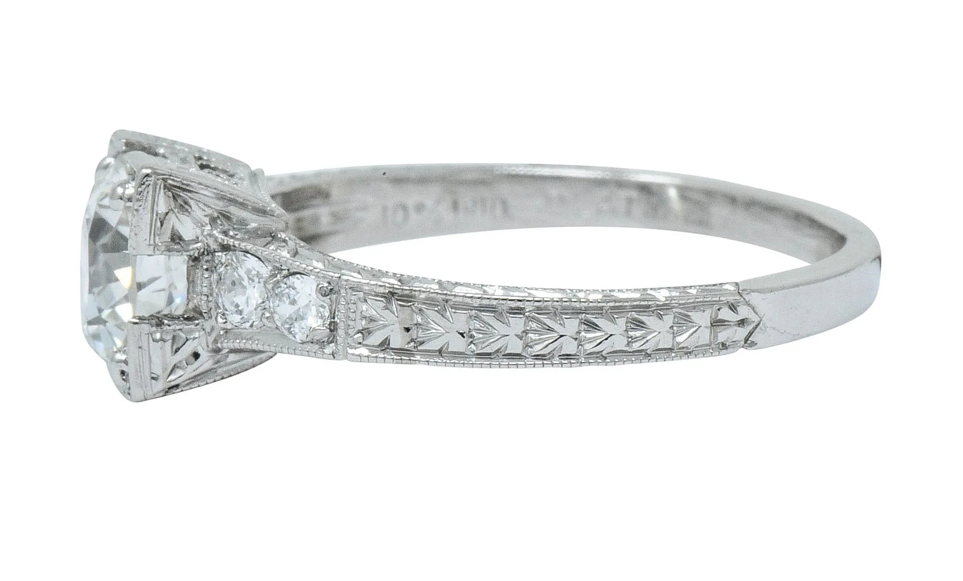 Art Deco 1.00 CTW Diamond Platinum Engraved Foliate Engagement Ring GIA