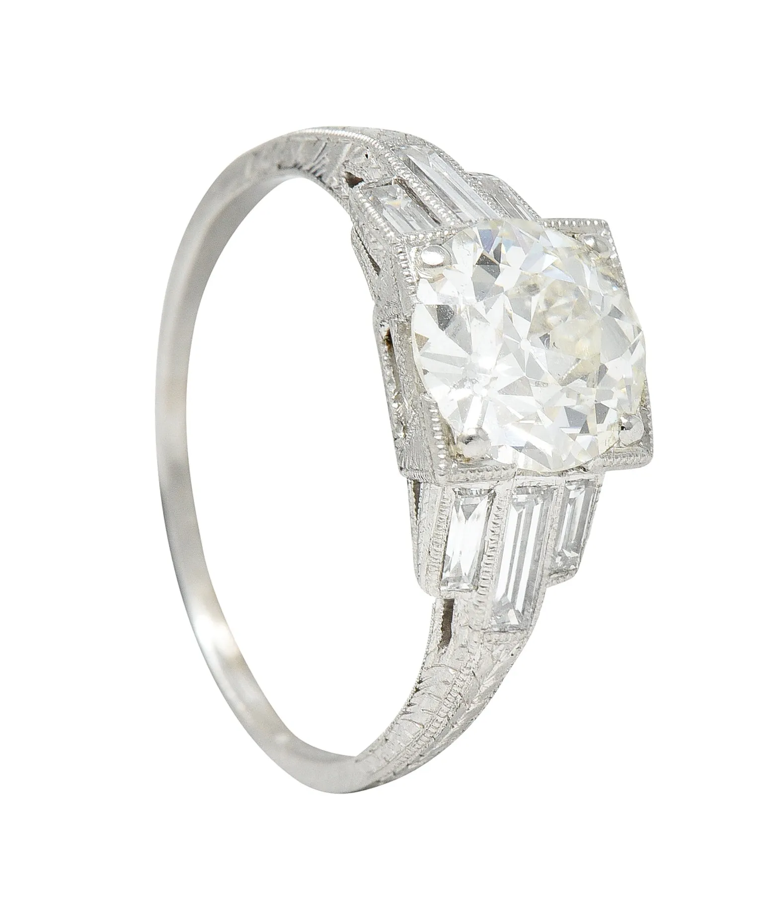 Art Deco 2.05 CTW Diamond Platinum Engraved Engagement Ring