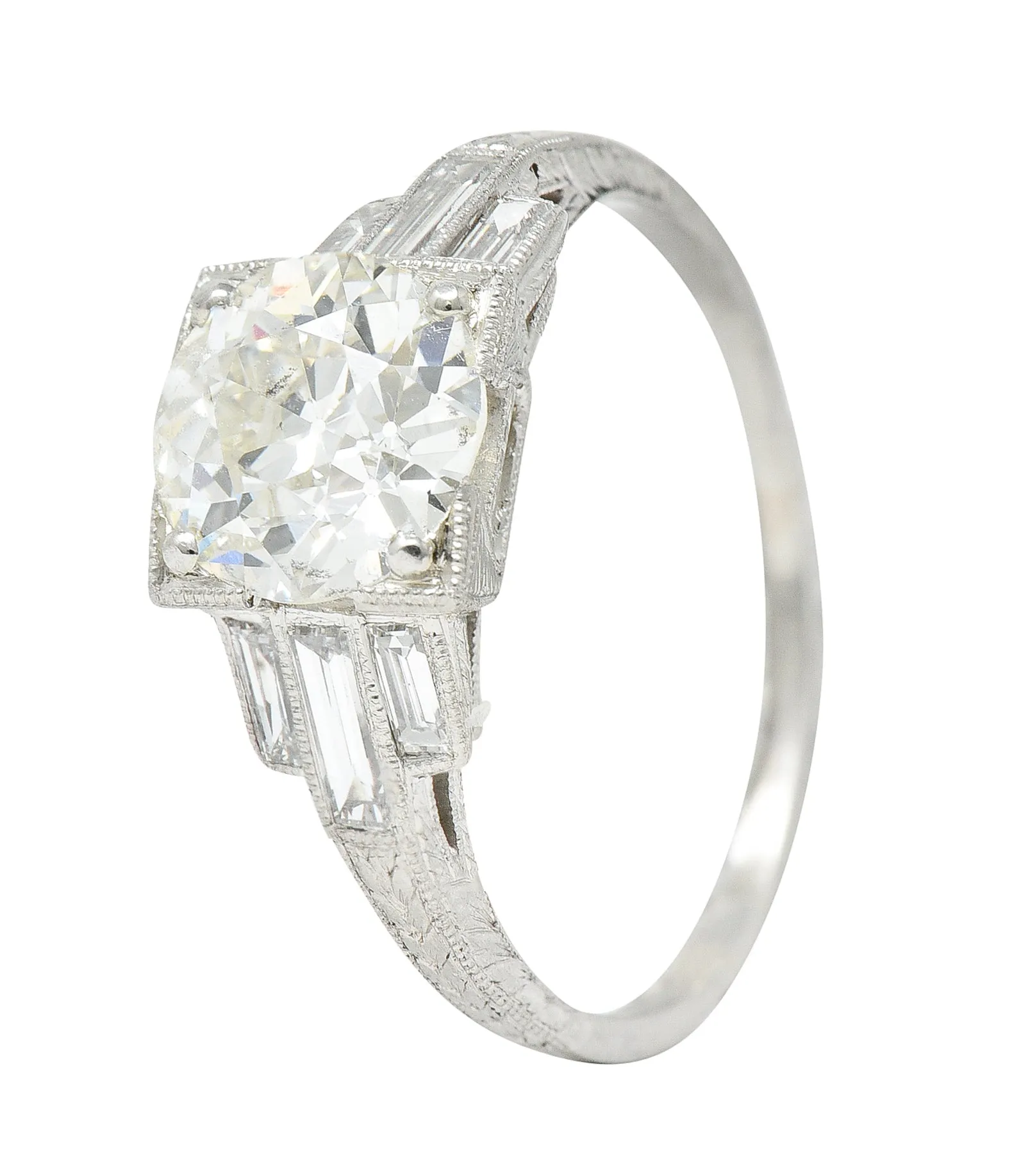 Art Deco 2.05 CTW Diamond Platinum Engraved Engagement Ring