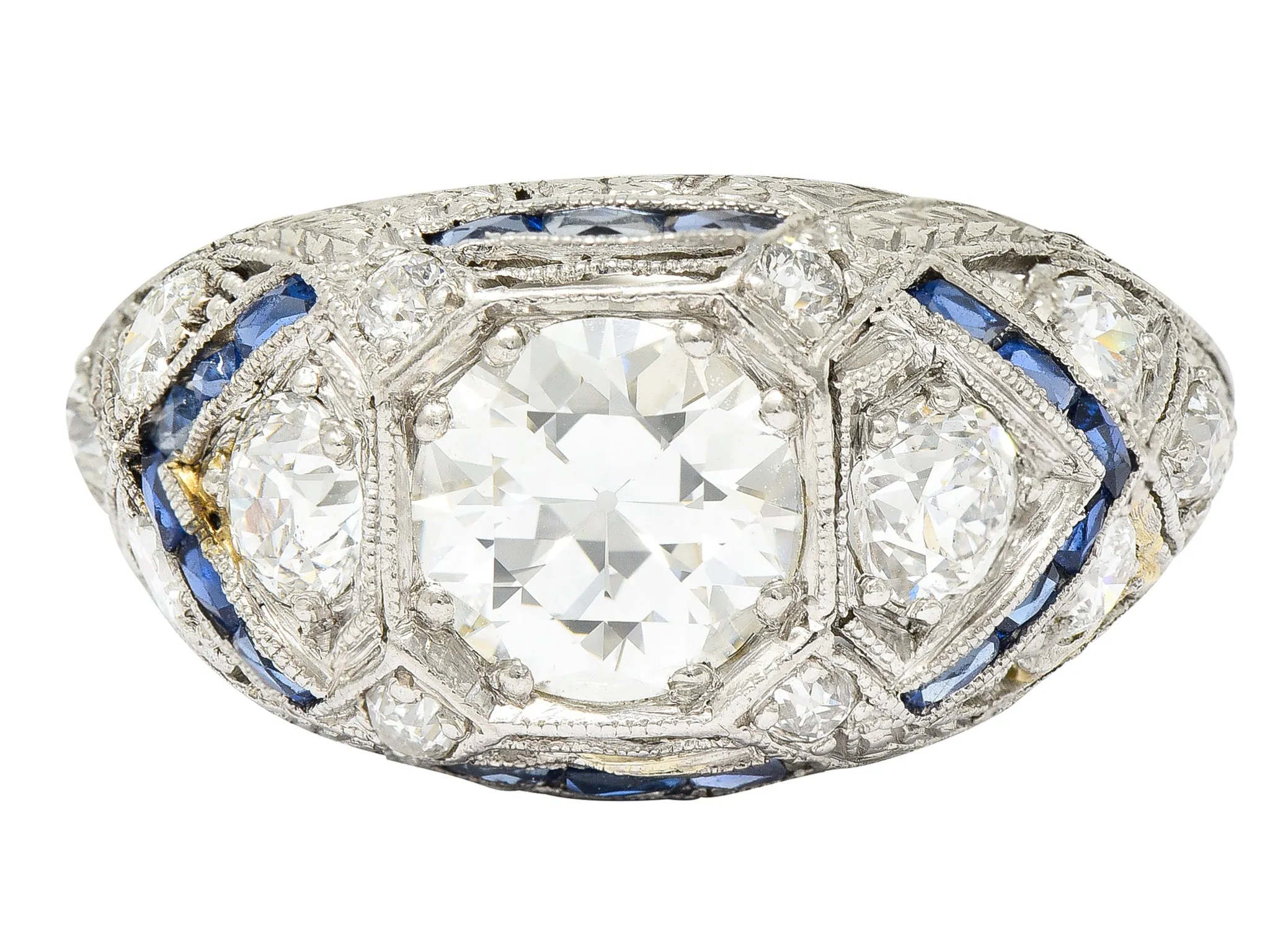 Art Deco 2.18 CTW Diamond Sapphire Platinum Engraved Engagement Ring