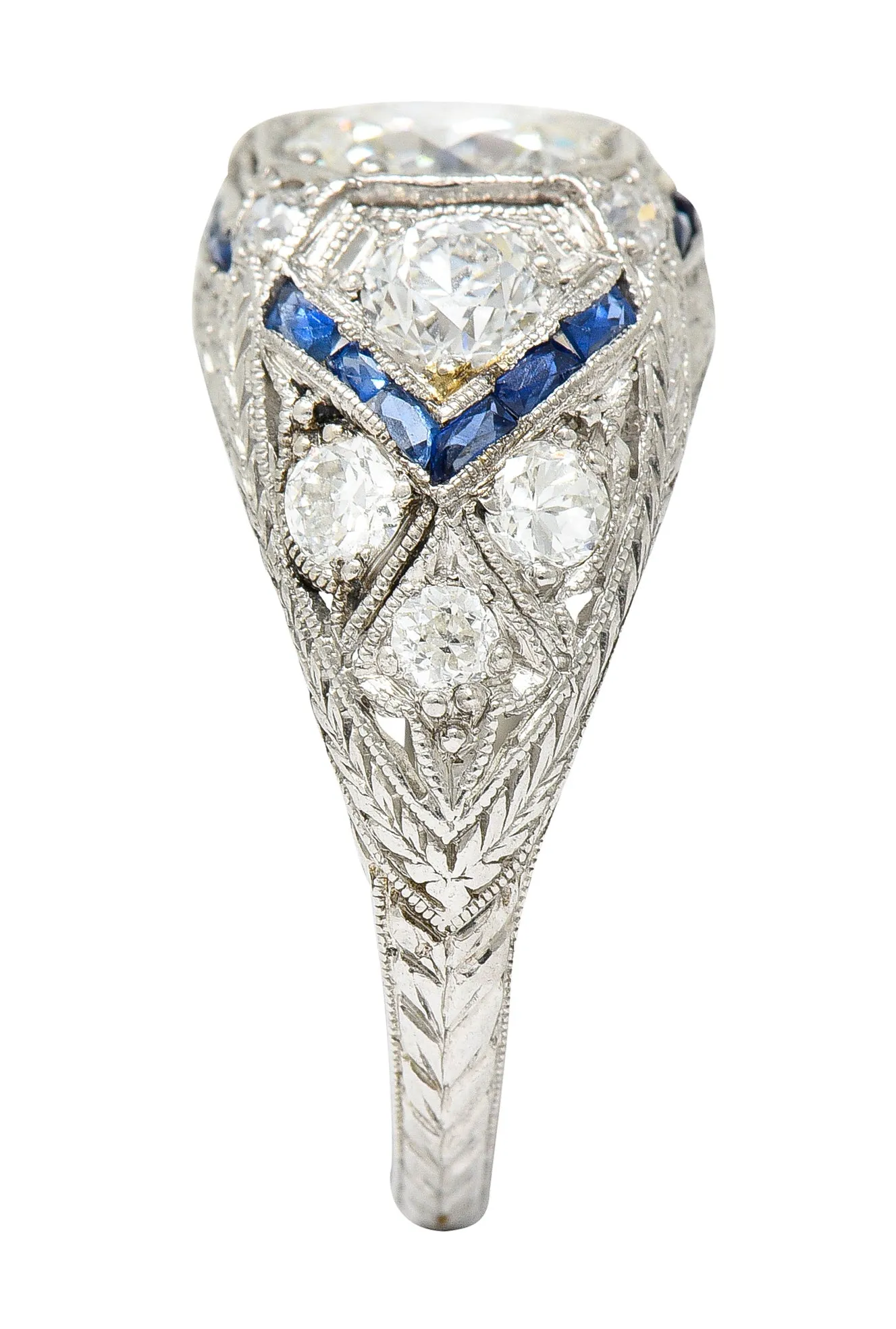 Art Deco 2.18 CTW Diamond Sapphire Platinum Engraved Engagement Ring