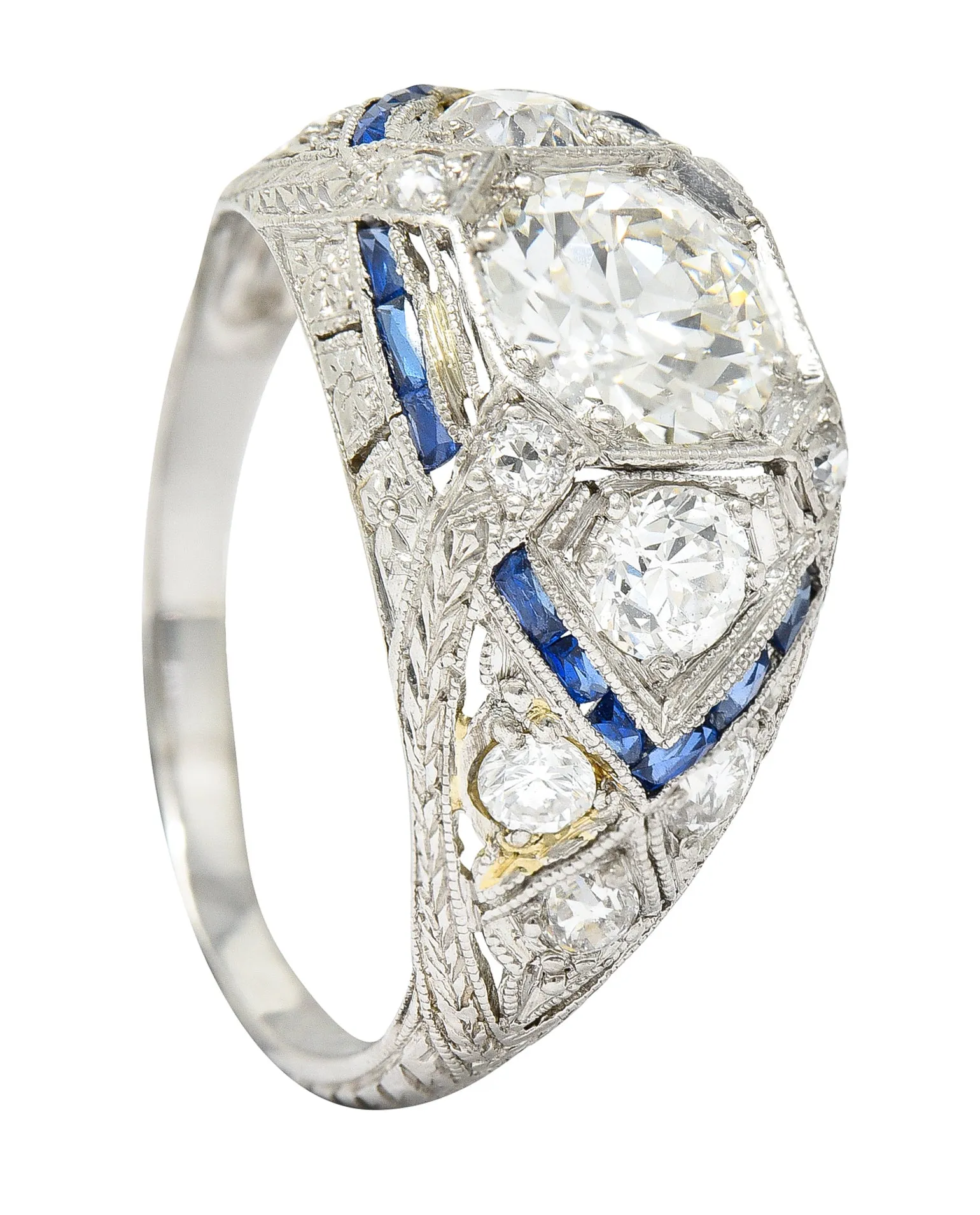 Art Deco 2.18 CTW Diamond Sapphire Platinum Engraved Engagement Ring