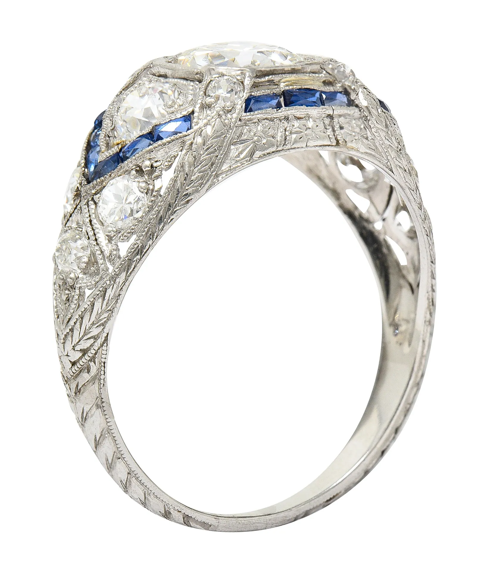 Art Deco 2.18 CTW Diamond Sapphire Platinum Engraved Engagement Ring