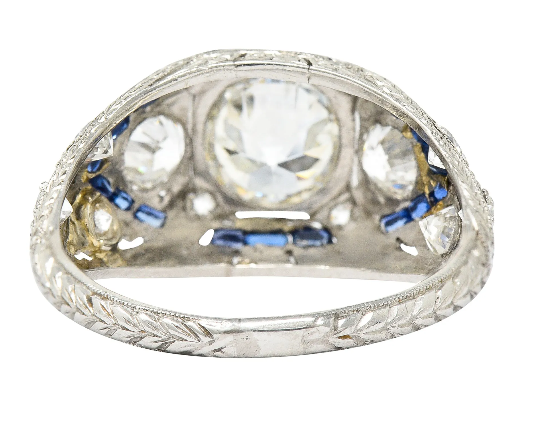 Art Deco 2.18 CTW Diamond Sapphire Platinum Engraved Engagement Ring