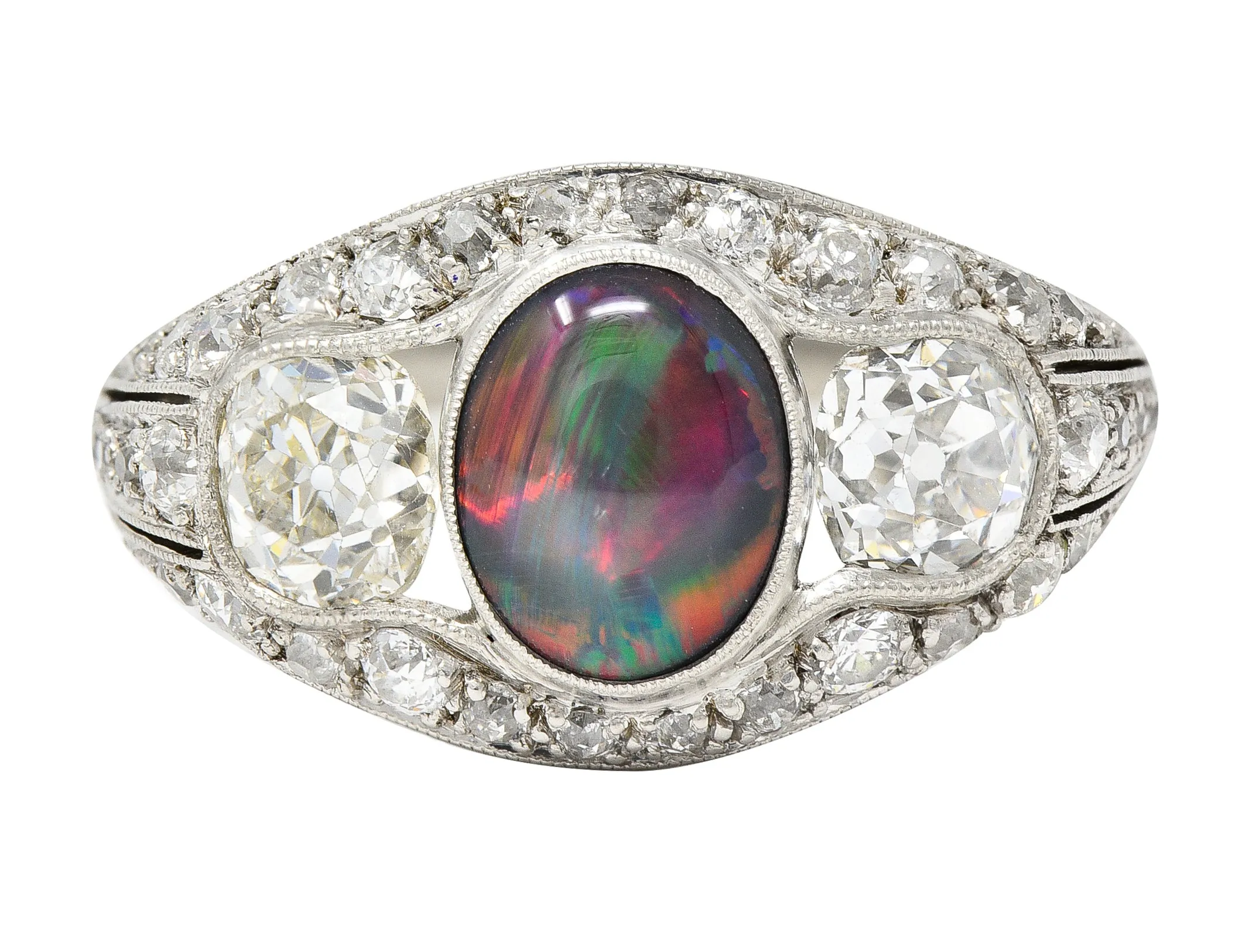 Art Deco Black Opal Cabochon Old Mine Cut Diamond Platinum Antique Bombay Dinner Ring