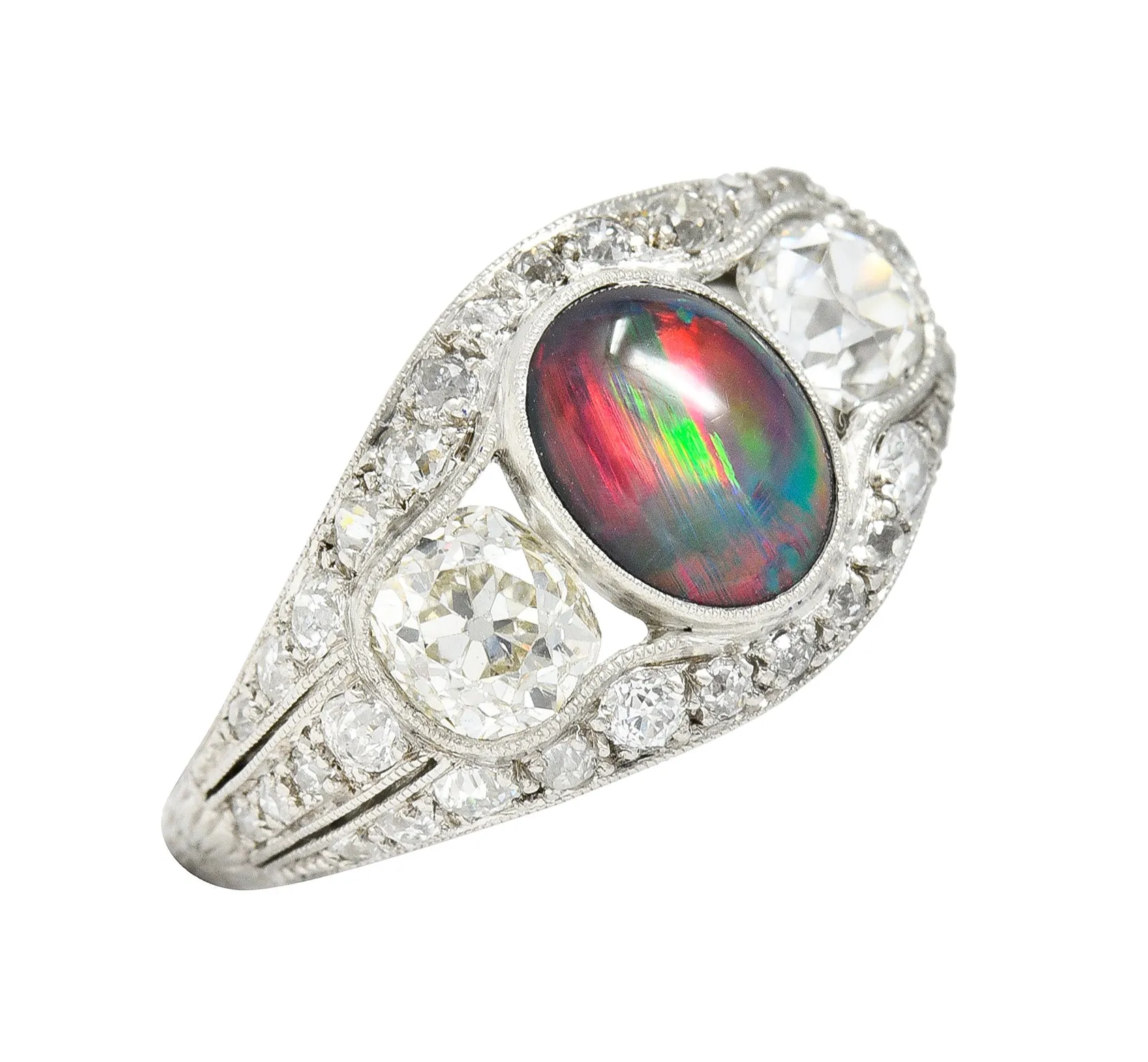 Art Deco Black Opal Cabochon Old Mine Cut Diamond Platinum Antique Bombay Dinner Ring