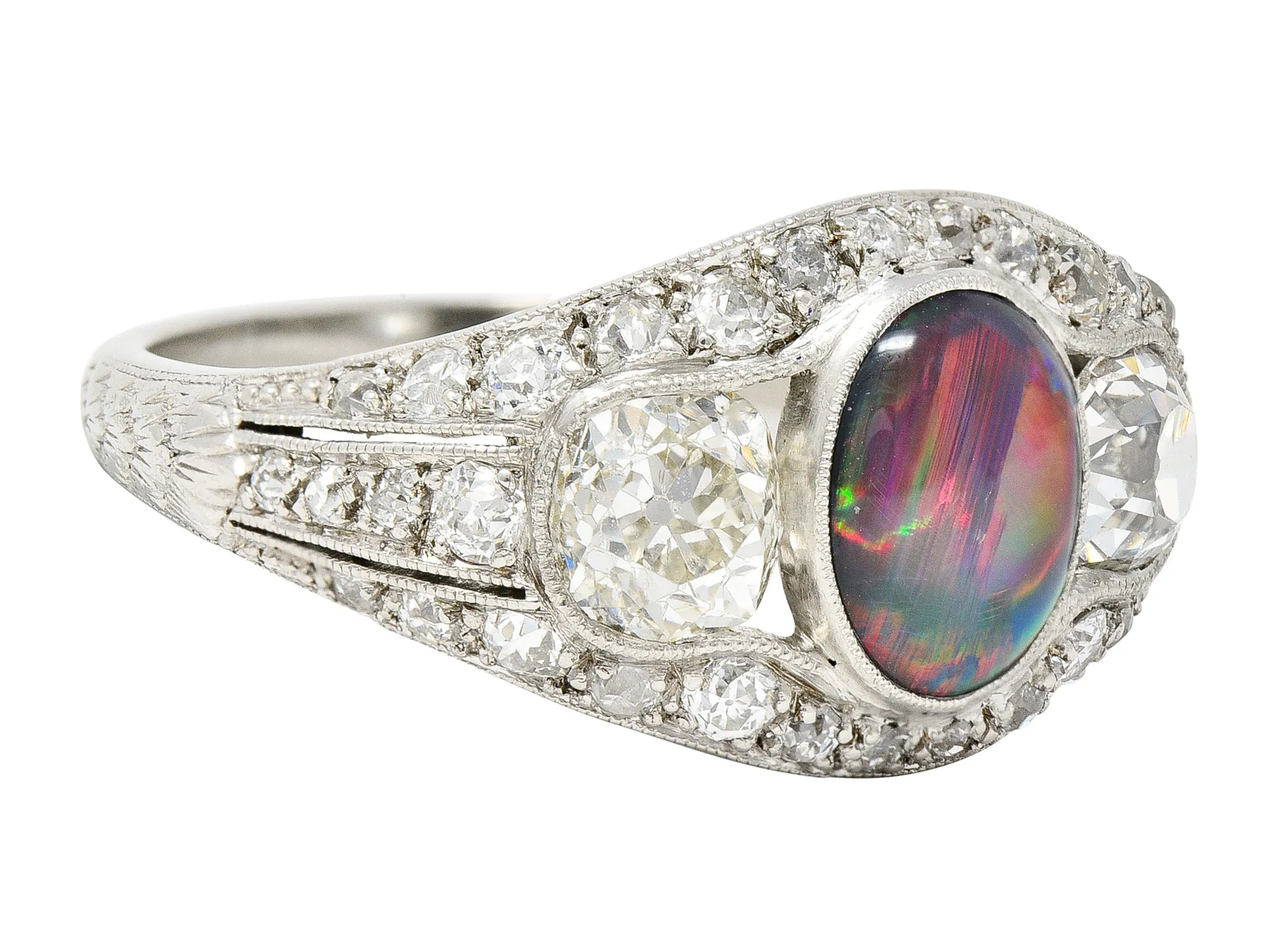 Art Deco Black Opal Cabochon Old Mine Cut Diamond Platinum Antique Bombay Dinner Ring