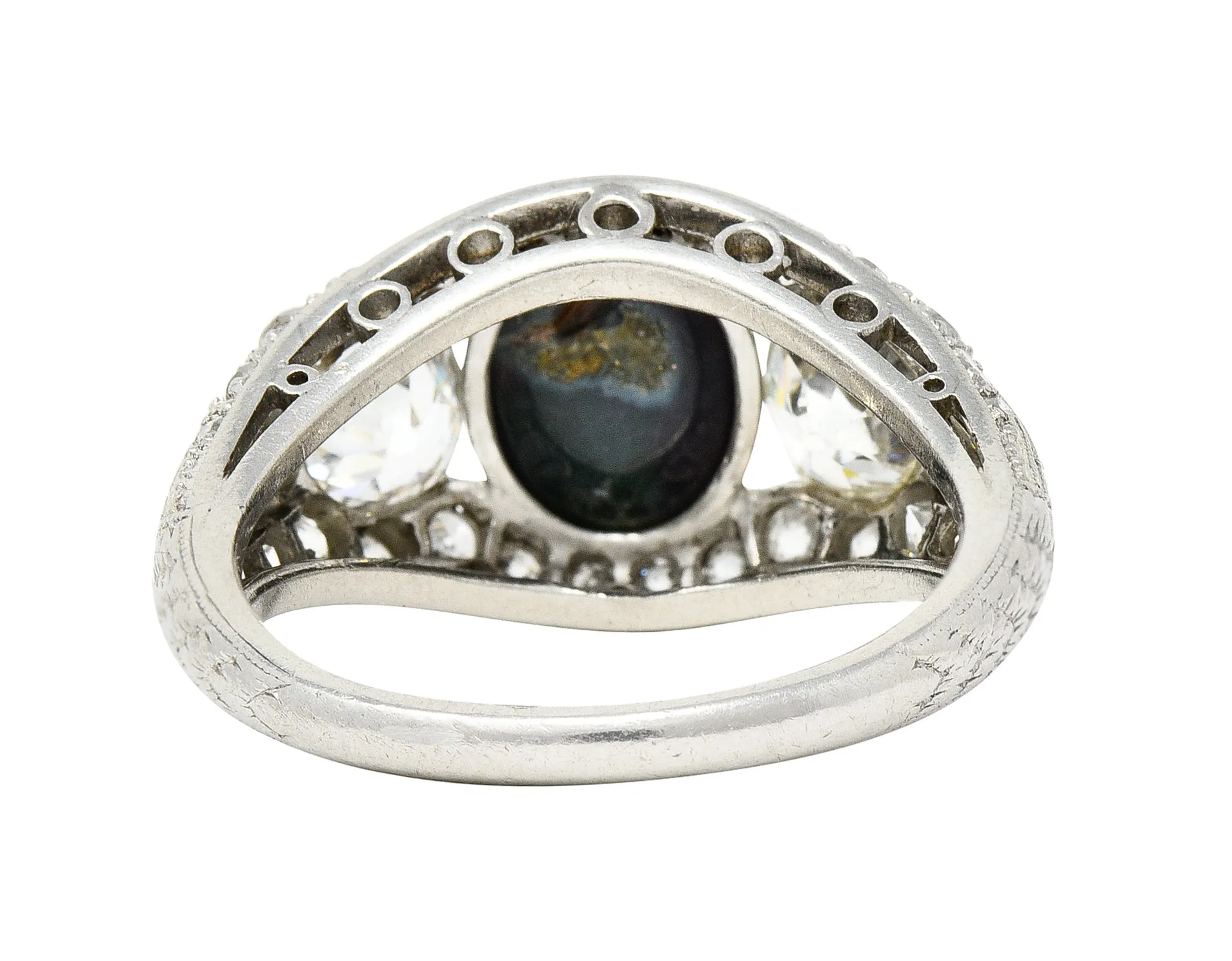 Art Deco Black Opal Cabochon Old Mine Cut Diamond Platinum Antique Bombay Dinner Ring