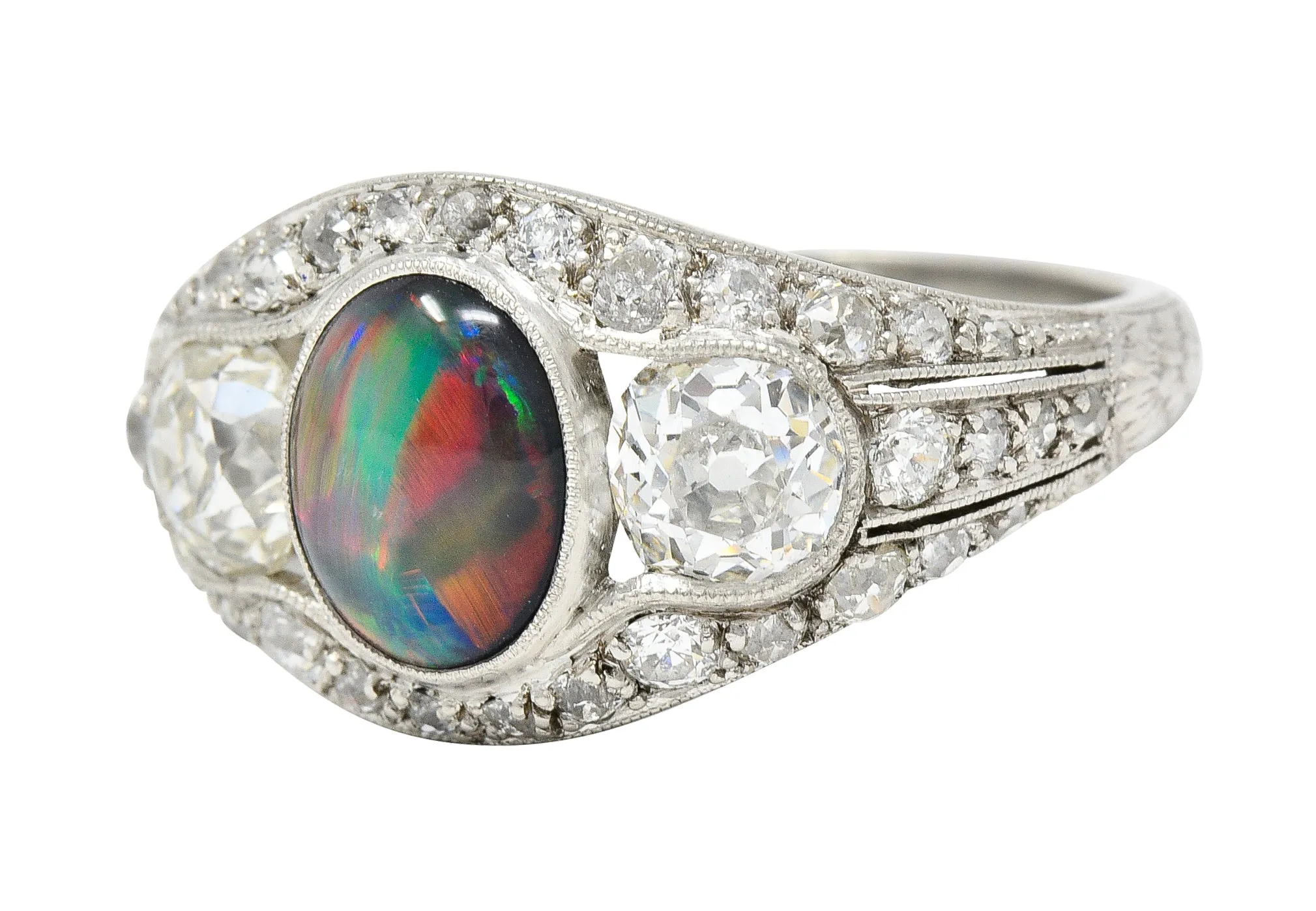 Art Deco Black Opal Cabochon Old Mine Cut Diamond Platinum Antique Bombay Dinner Ring