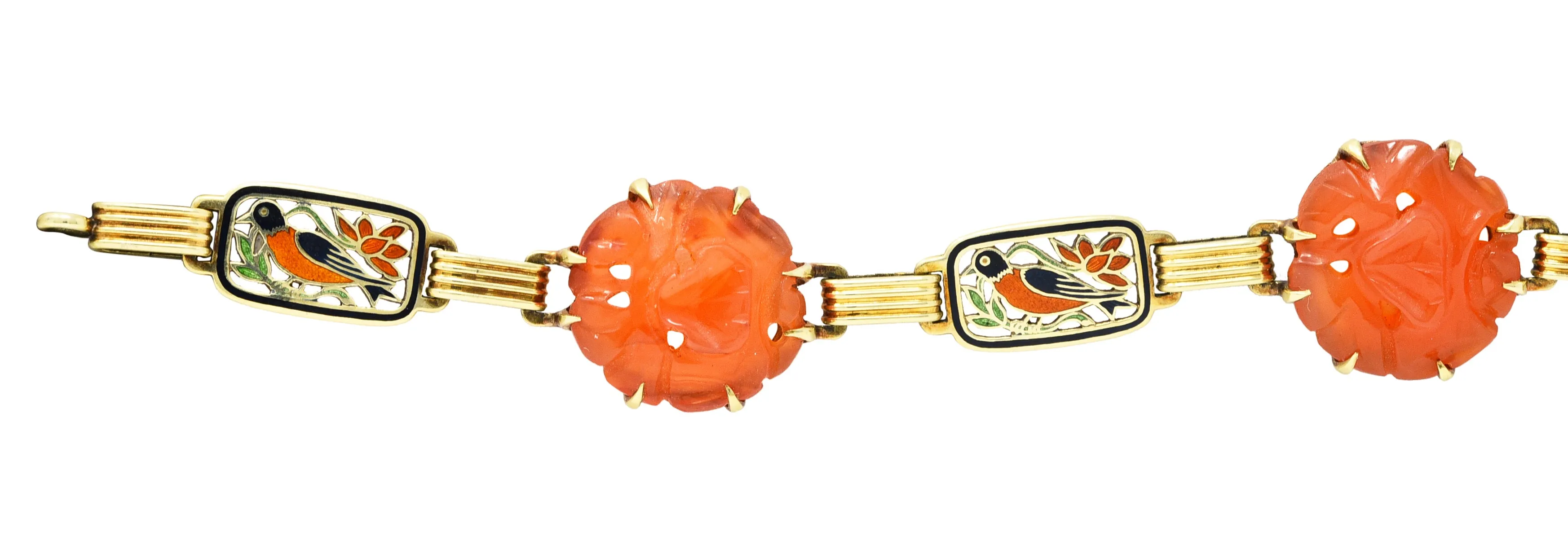 Art Deco Carnelian Guilloche Enamel 14 Karat Gold Link Bracelet