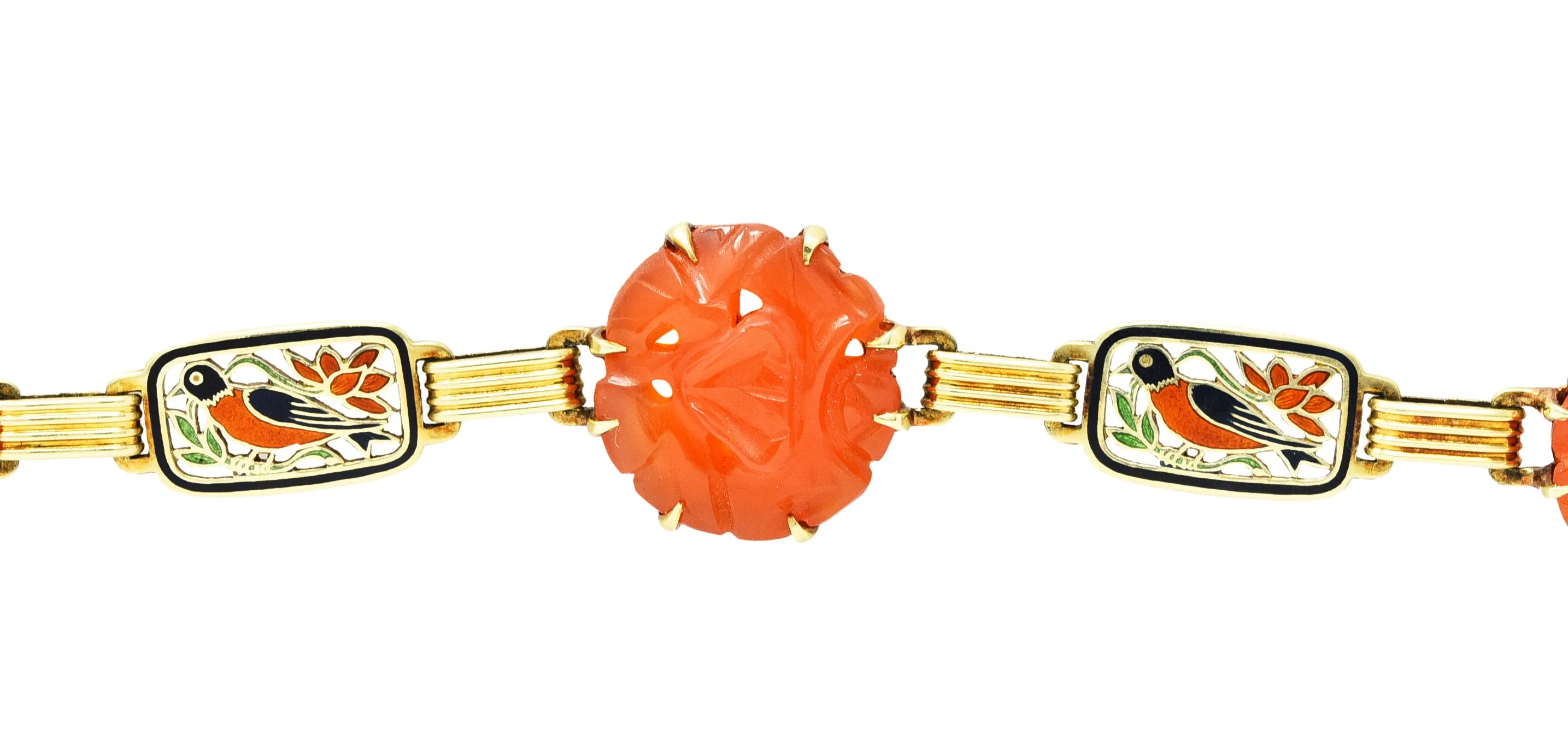 Art Deco Carnelian Guilloche Enamel 14 Karat Gold Link Bracelet