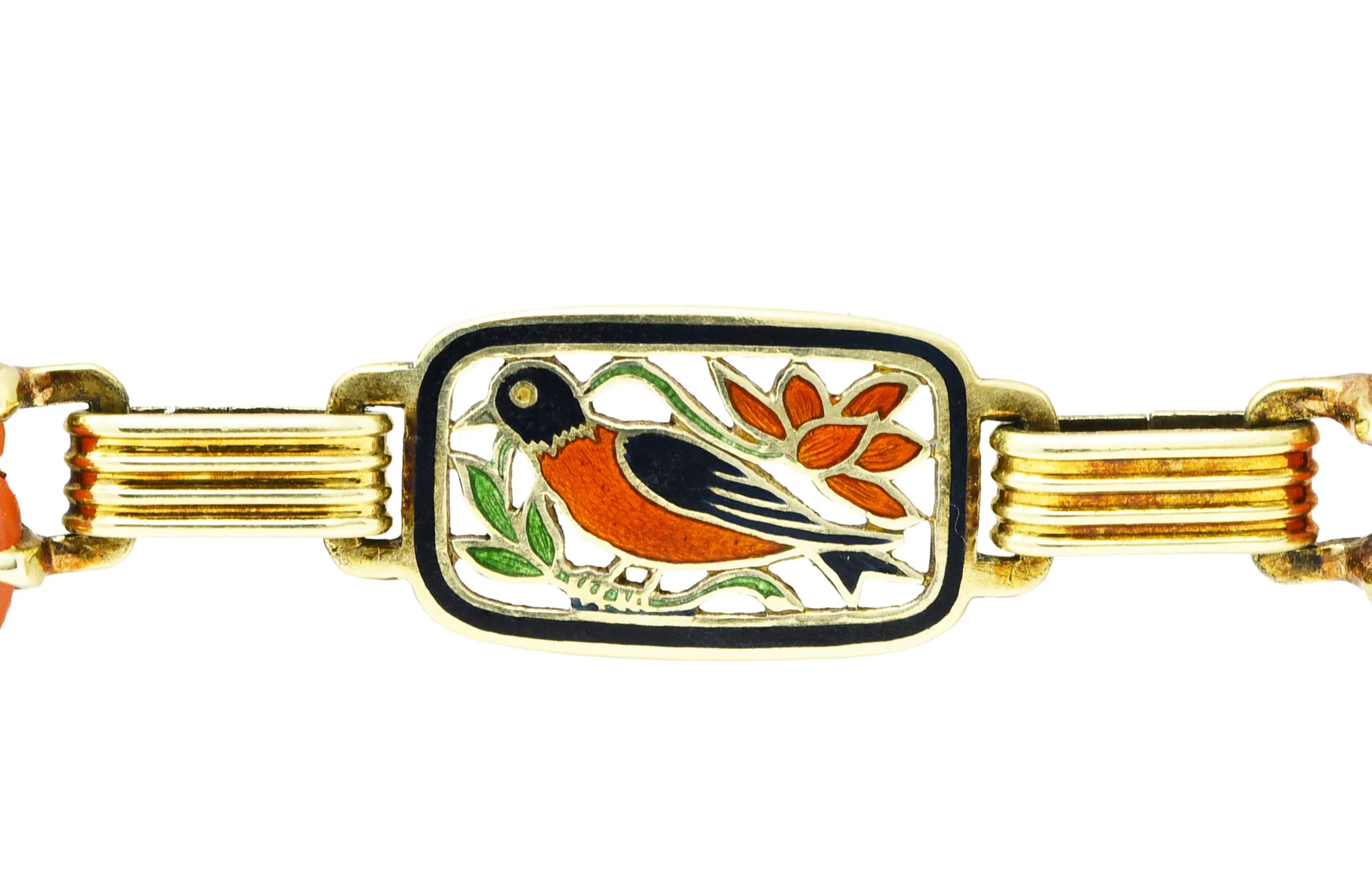 Art Deco Carnelian Guilloche Enamel 14 Karat Gold Link Bracelet