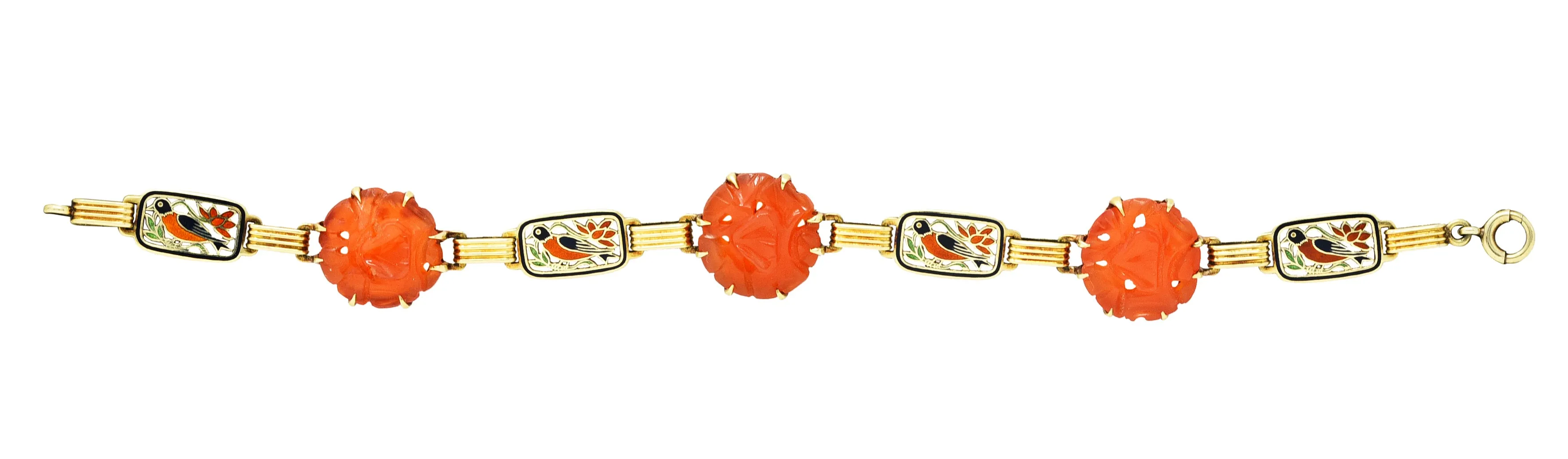 Art Deco Carnelian Guilloche Enamel 14 Karat Gold Link Bracelet