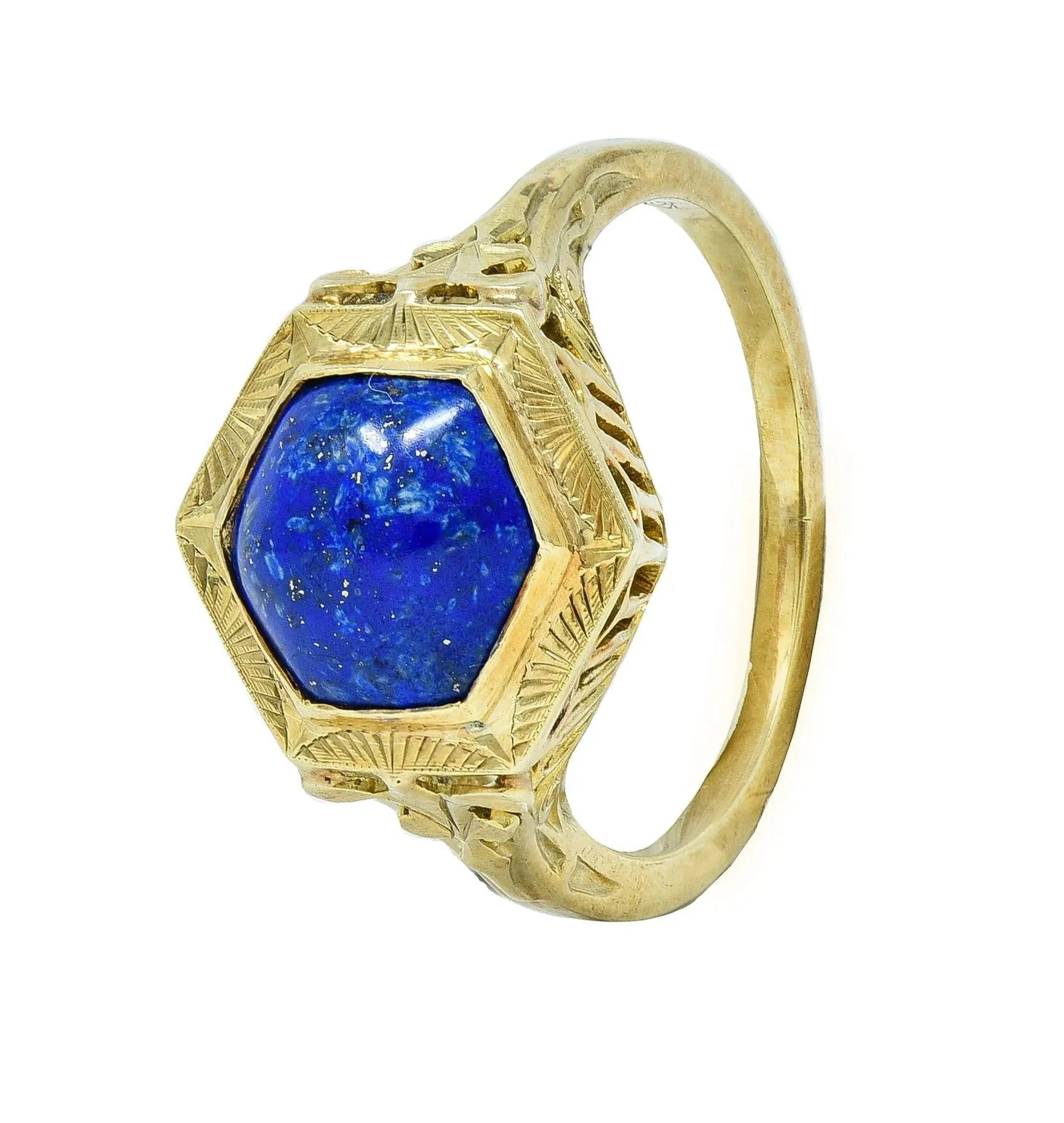 Art Deco Lapis Lazuli Cabochon 14 Karat Yellow Gold Fleur-De-Lis Hexagonal Ring