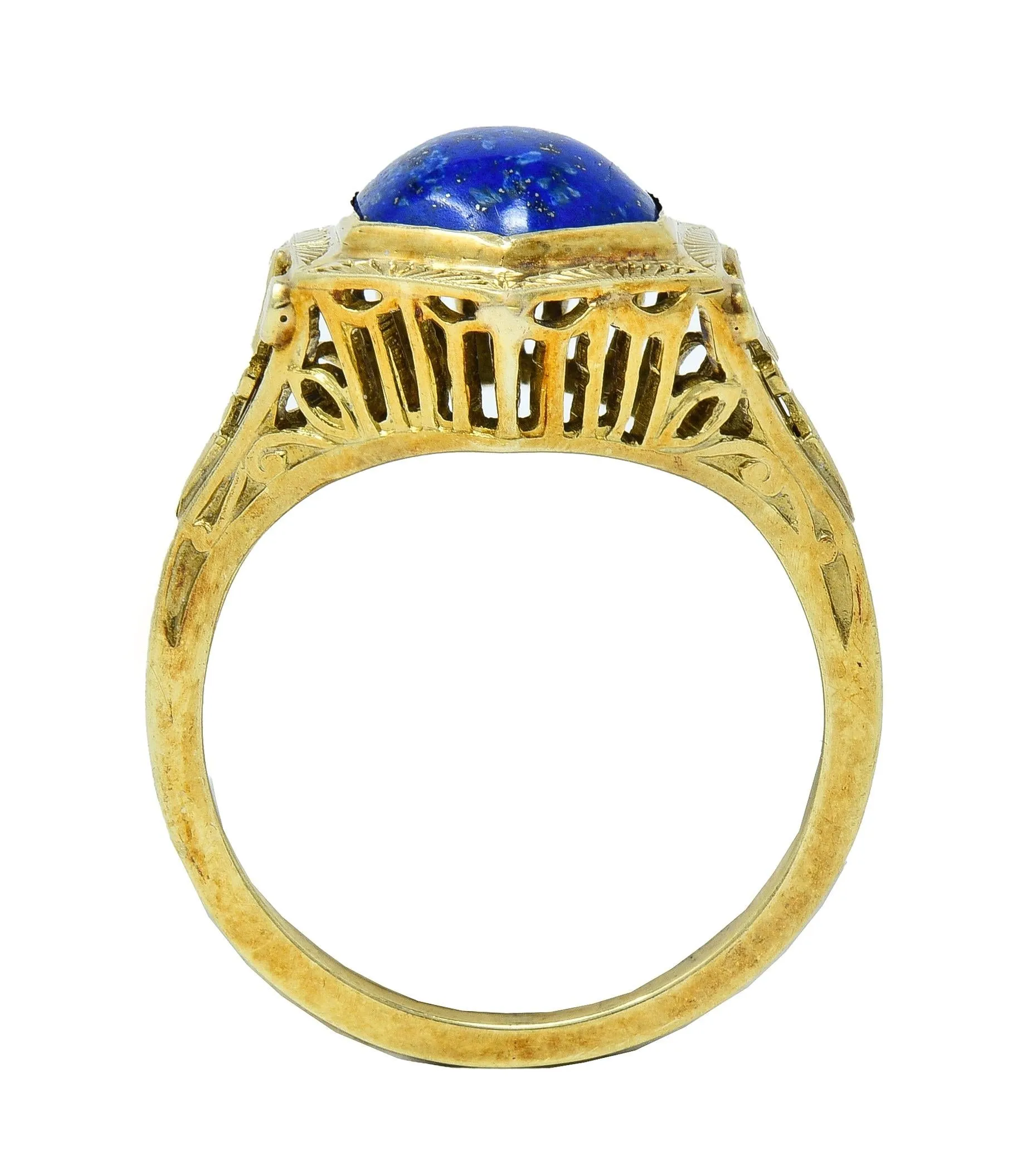 Art Deco Lapis Lazuli Cabochon 14 Karat Yellow Gold Fleur-De-Lis Hexagonal Ring