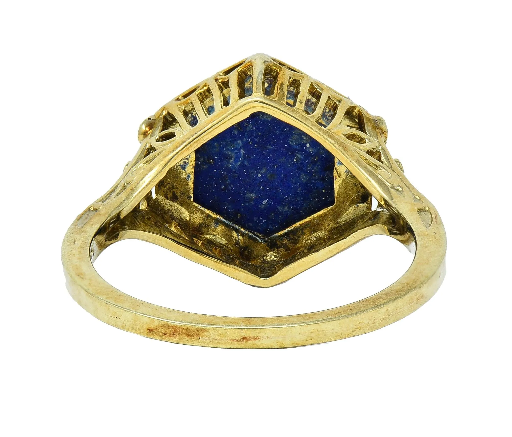 Art Deco Lapis Lazuli Cabochon 14 Karat Yellow Gold Fleur-De-Lis Hexagonal Ring