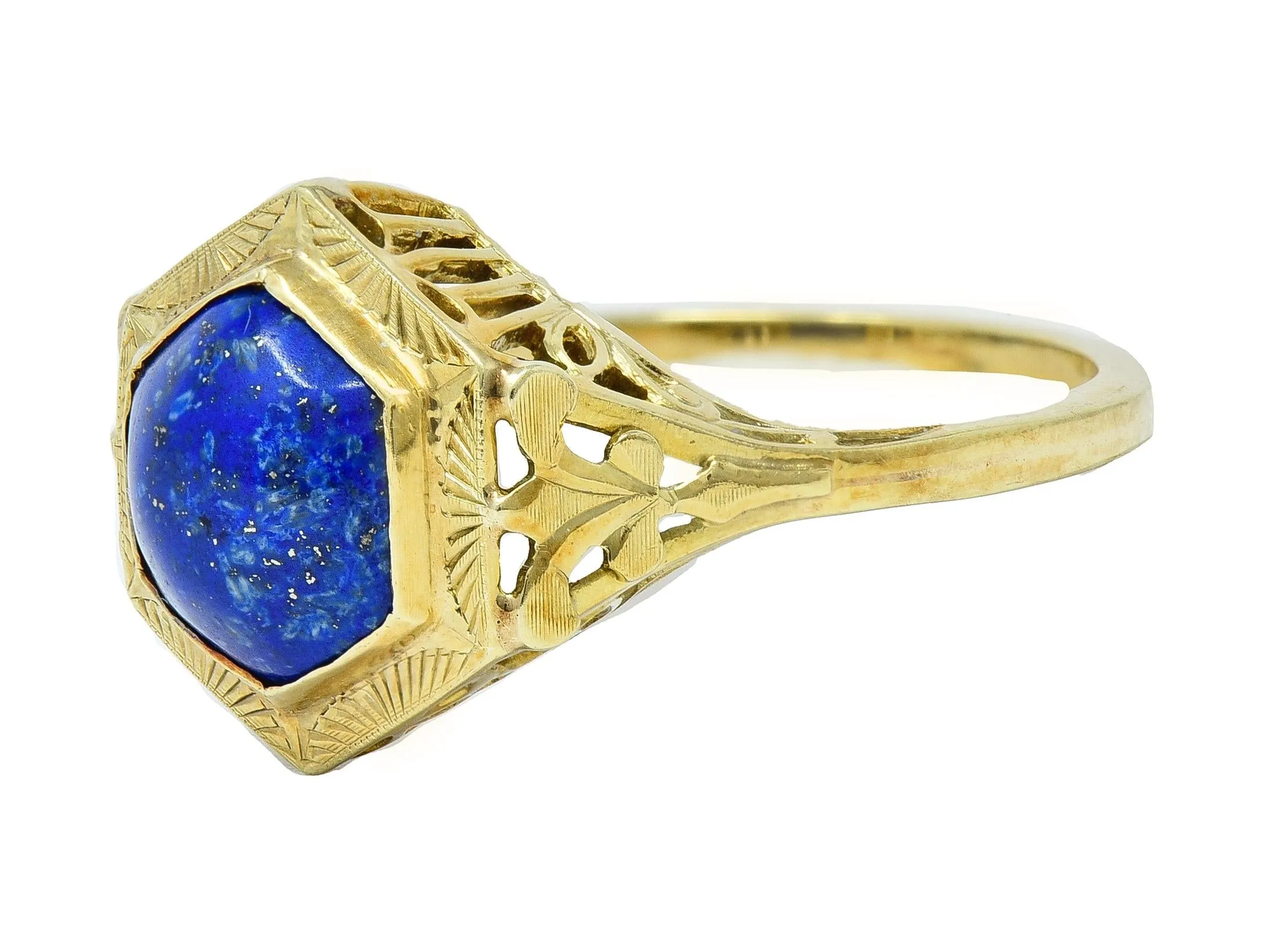 Art Deco Lapis Lazuli Cabochon 14 Karat Yellow Gold Fleur-De-Lis Hexagonal Ring