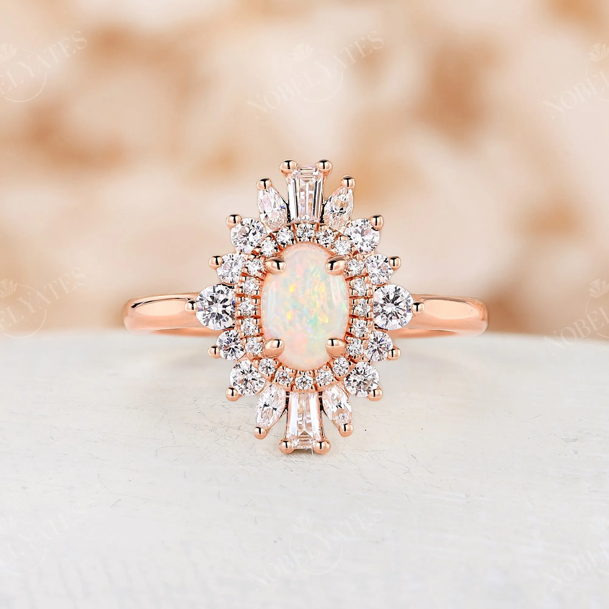 Art Deco Oval White Opal Rose Gold Halo Engagement Ring