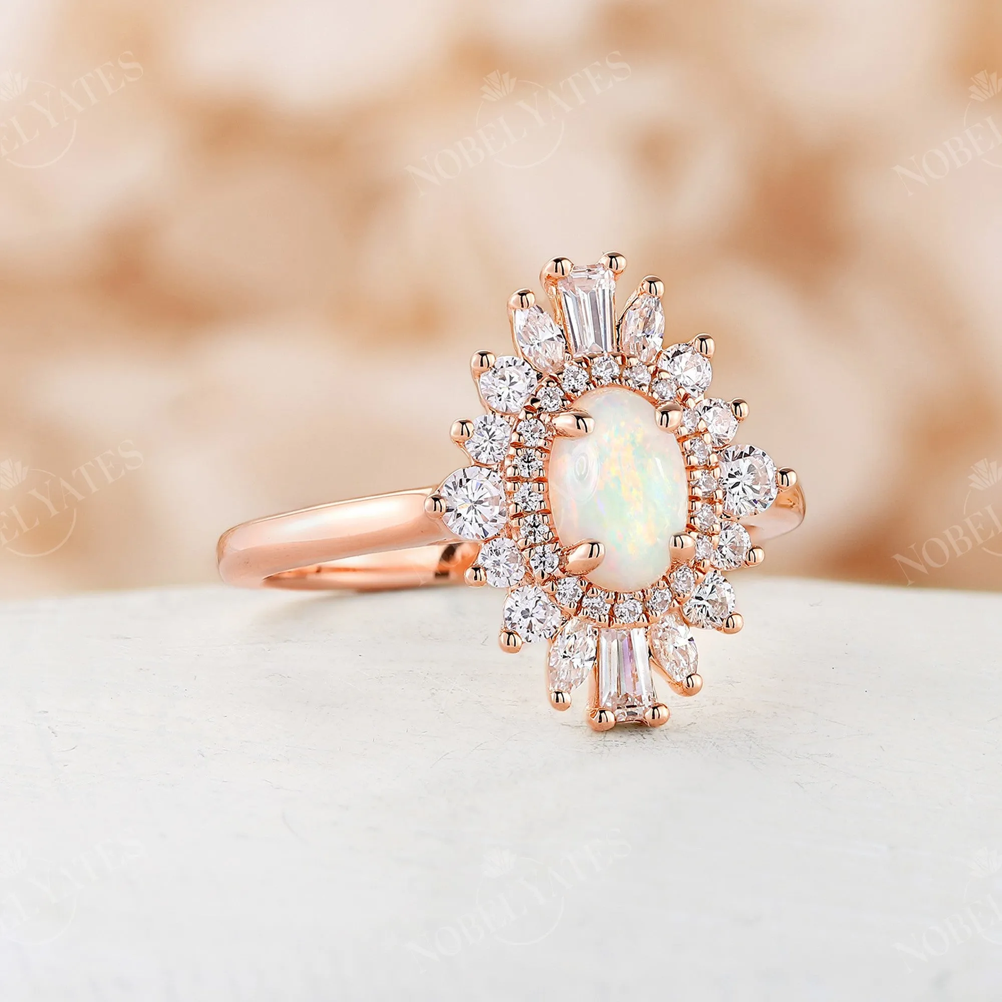 Art Deco Oval White Opal Rose Gold Halo Engagement Ring