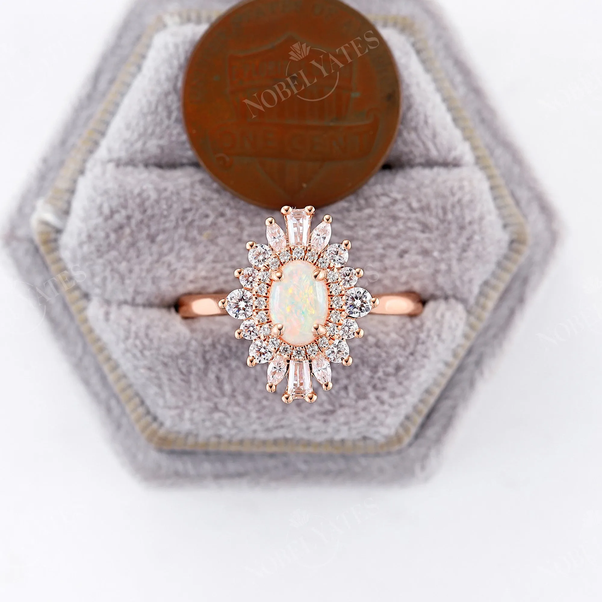 Art Deco Oval White Opal Rose Gold Halo Engagement Ring