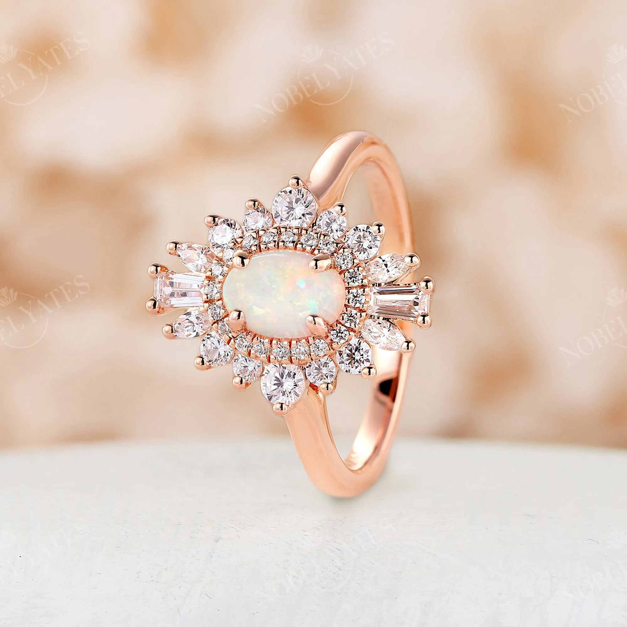 Art Deco Oval White Opal Rose Gold Halo Engagement Ring