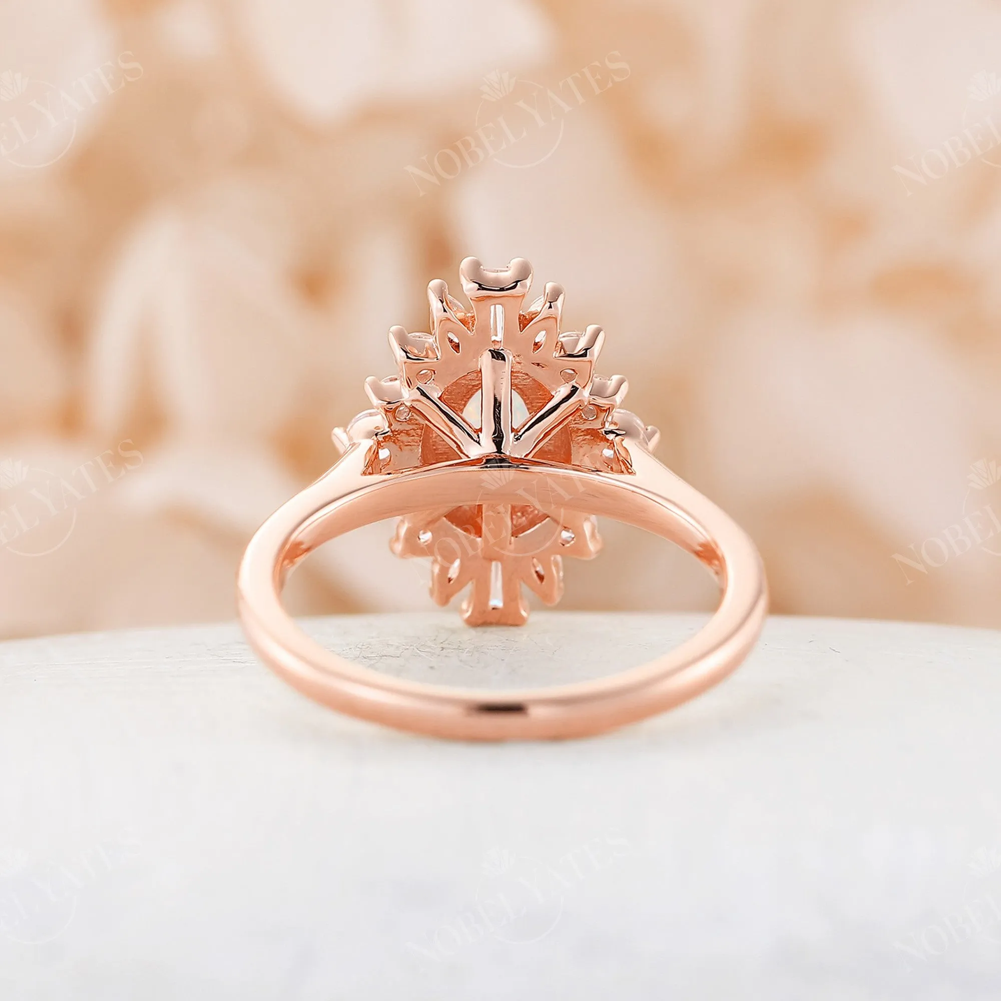 Art Deco Oval White Opal Rose Gold Halo Engagement Ring