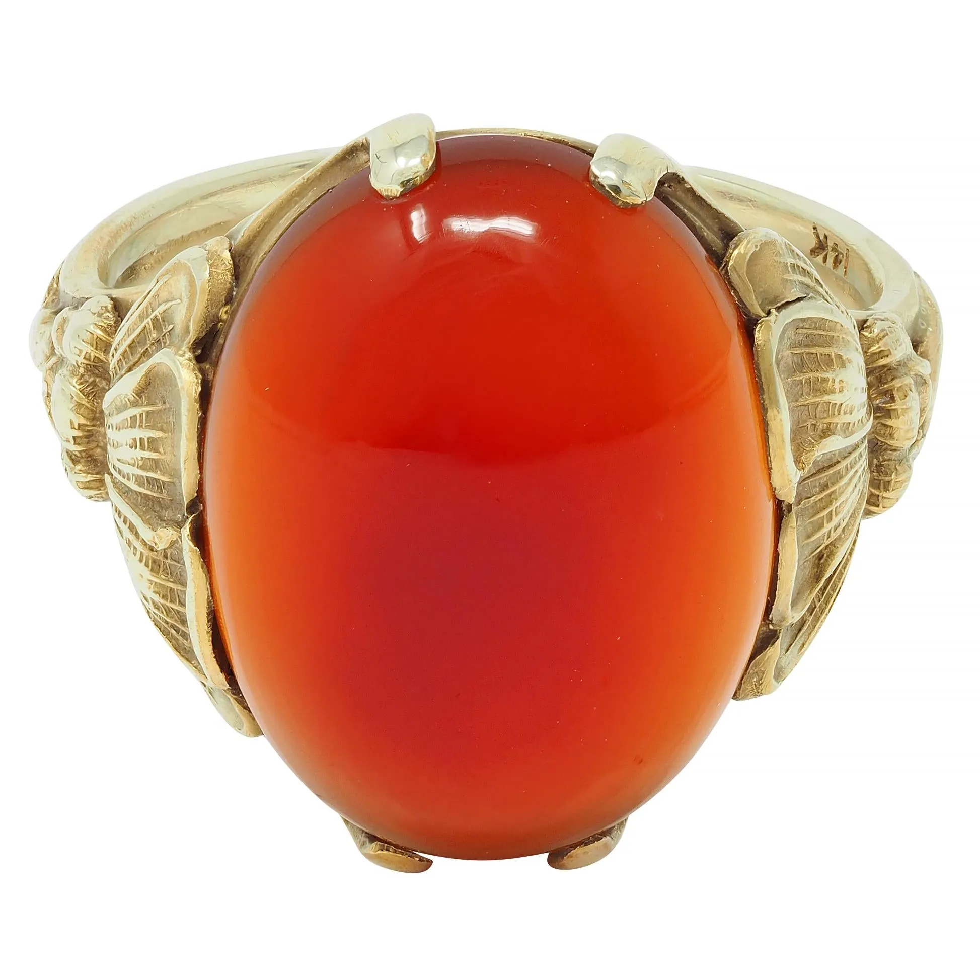 Art Nouveau Carnelian Cabochon 14 Karat Yellow Gold Antique Poppy Ring