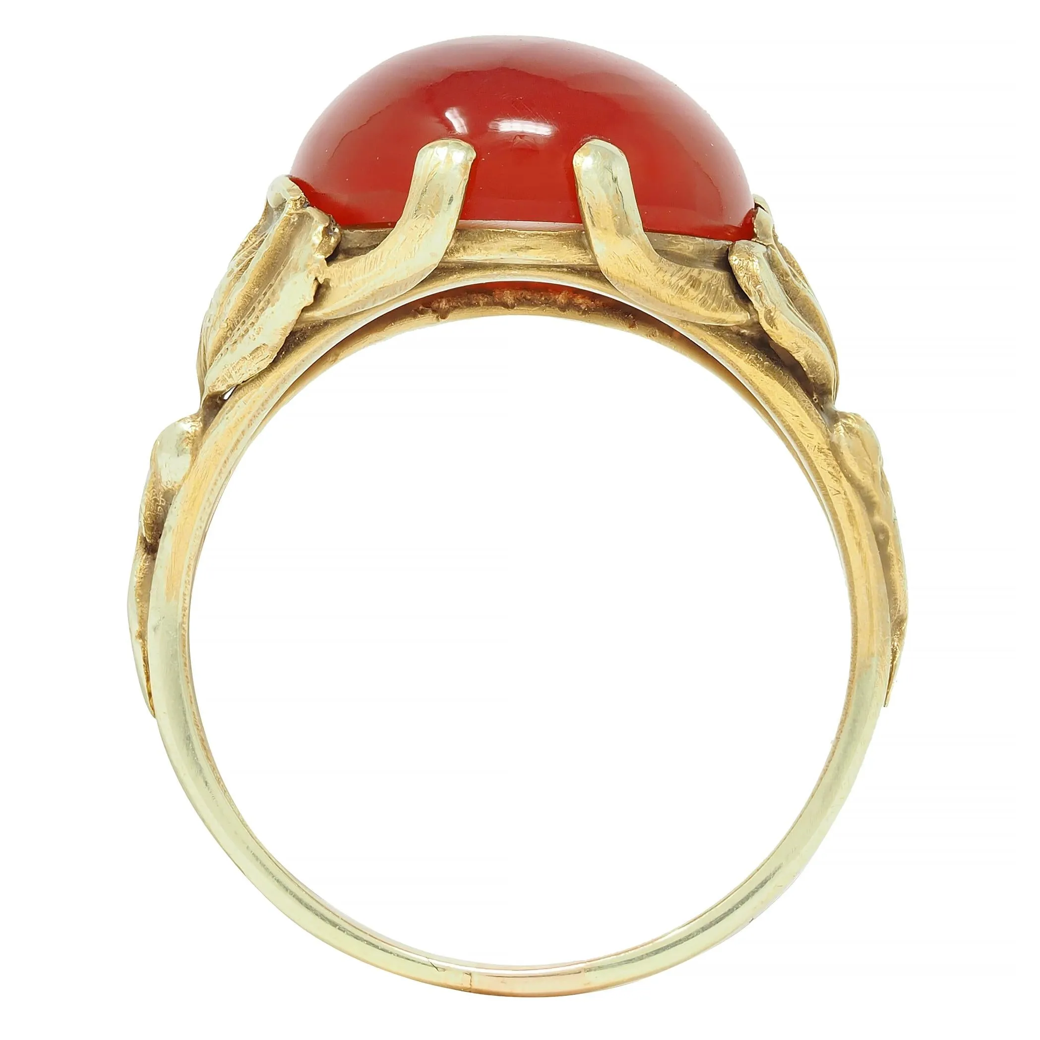 Art Nouveau Carnelian Cabochon 14 Karat Yellow Gold Antique Poppy Ring