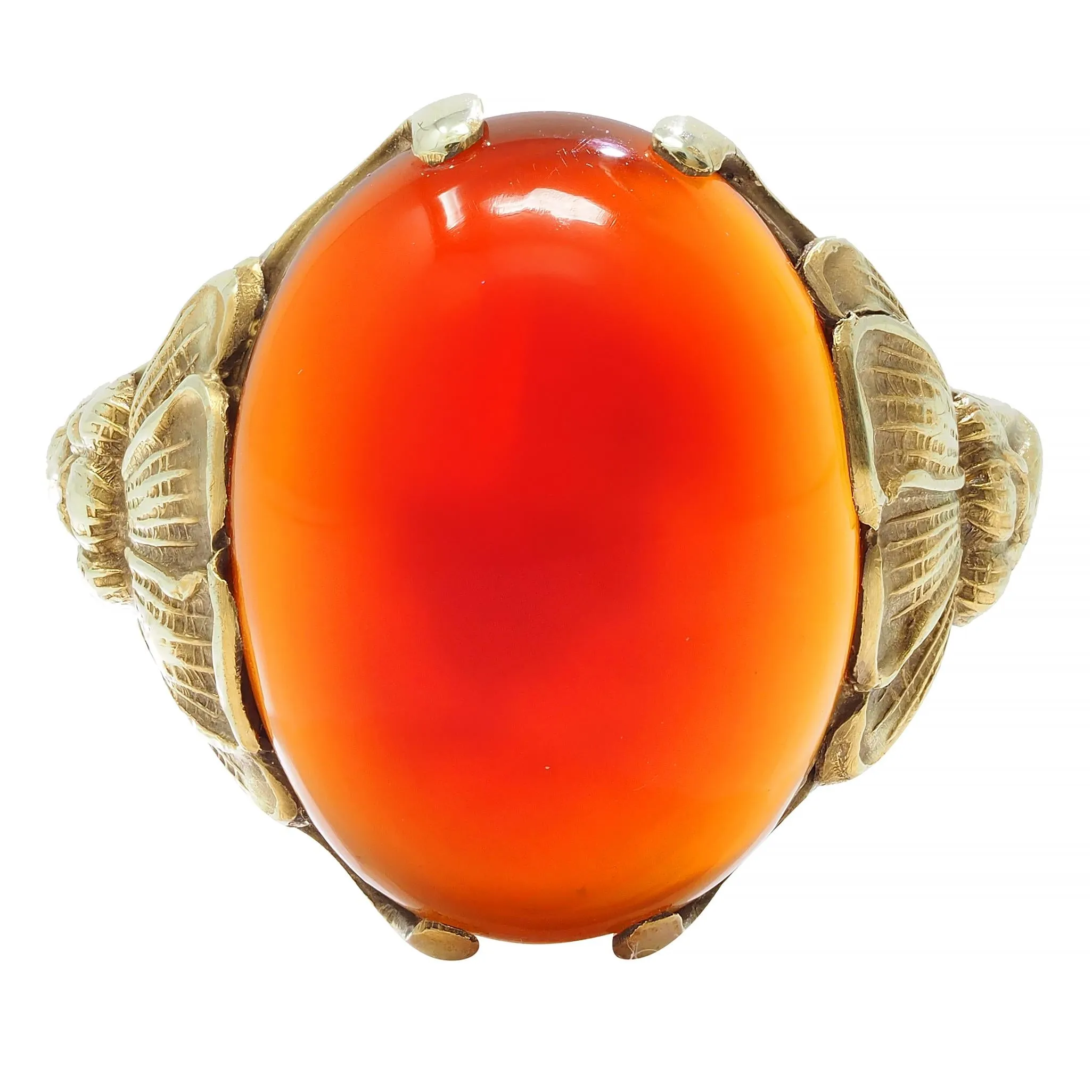 Art Nouveau Carnelian Cabochon 14 Karat Yellow Gold Antique Poppy Ring