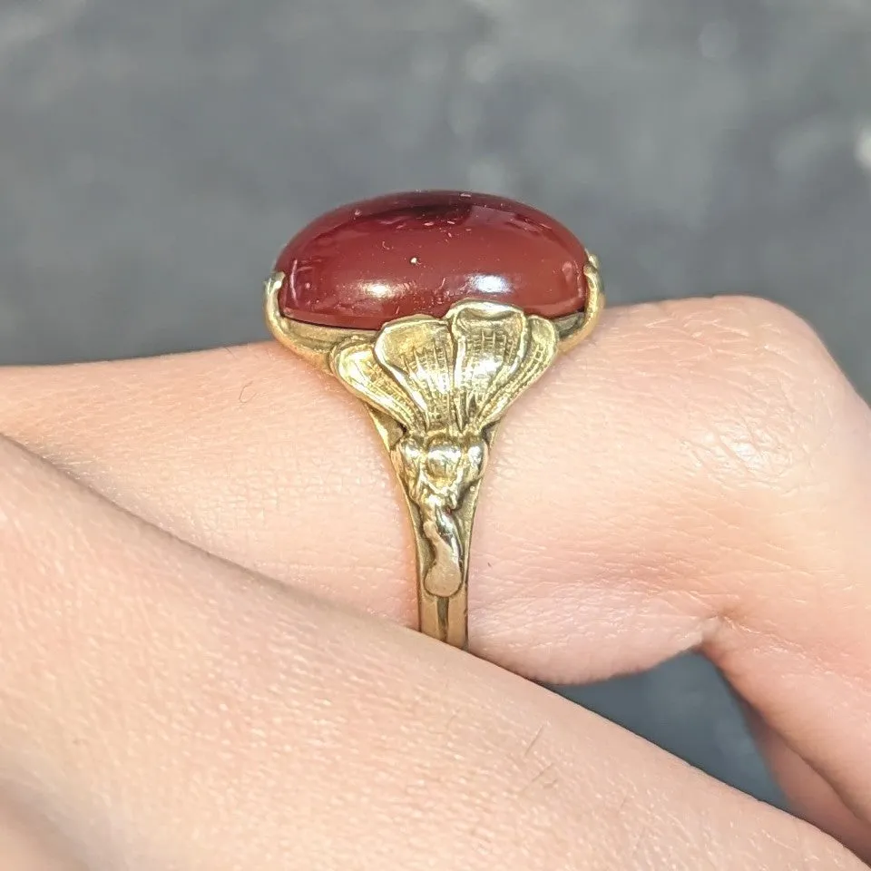 Art Nouveau Carnelian Cabochon 14 Karat Yellow Gold Antique Poppy Ring