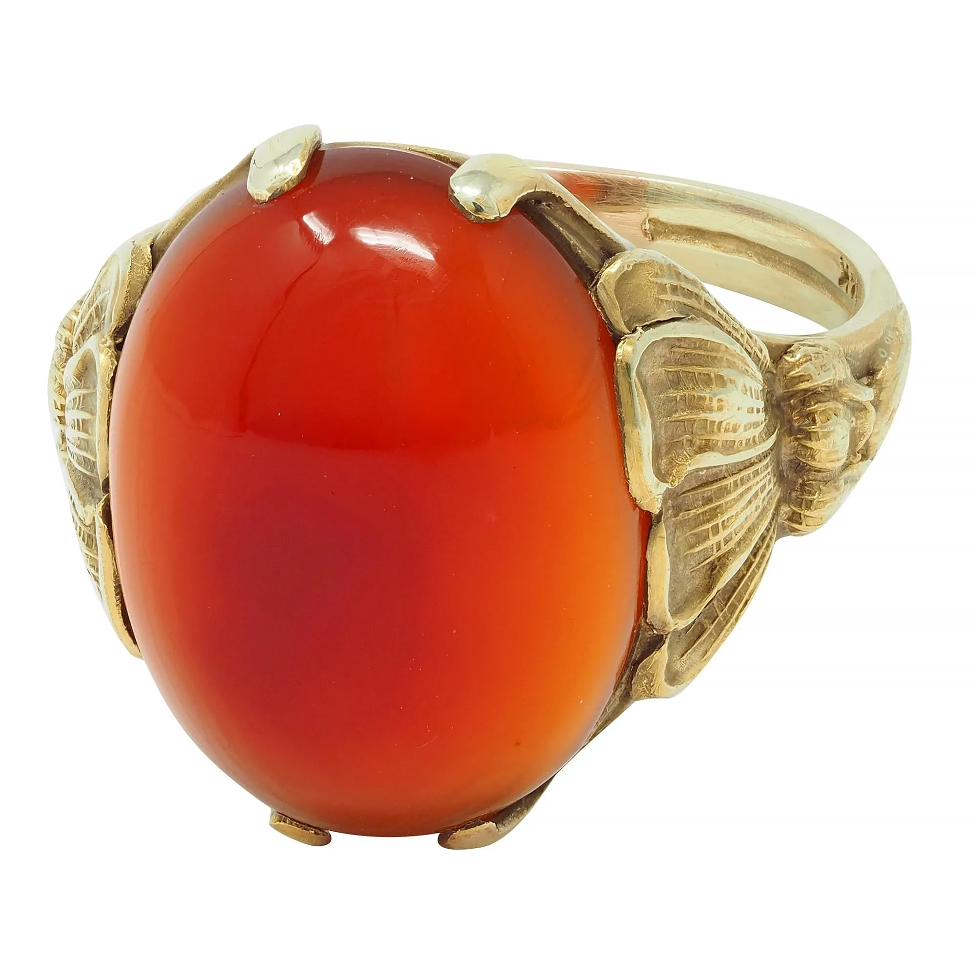 Art Nouveau Carnelian Cabochon 14 Karat Yellow Gold Antique Poppy Ring