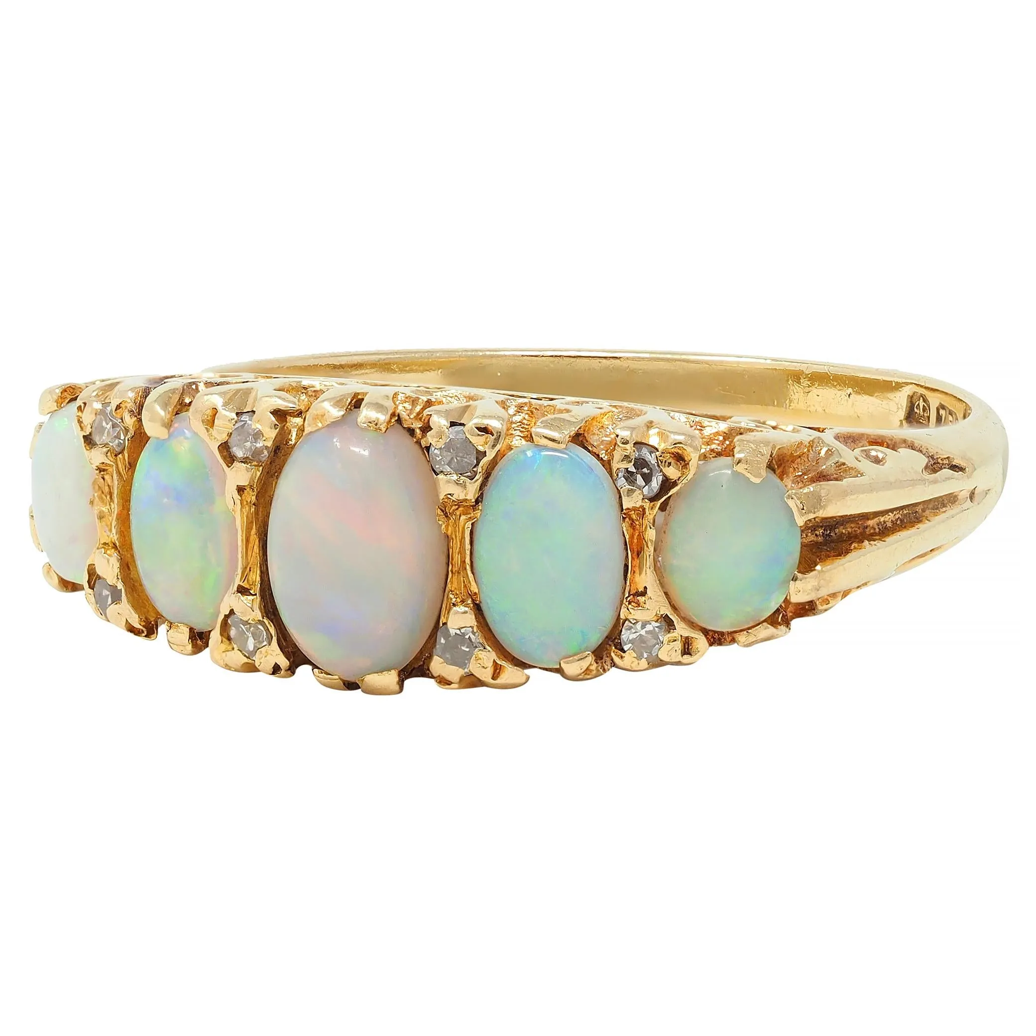 Art Nouveau Opal Diamond 18 Karat Yellow Gold Scrolling Antique Band Ring