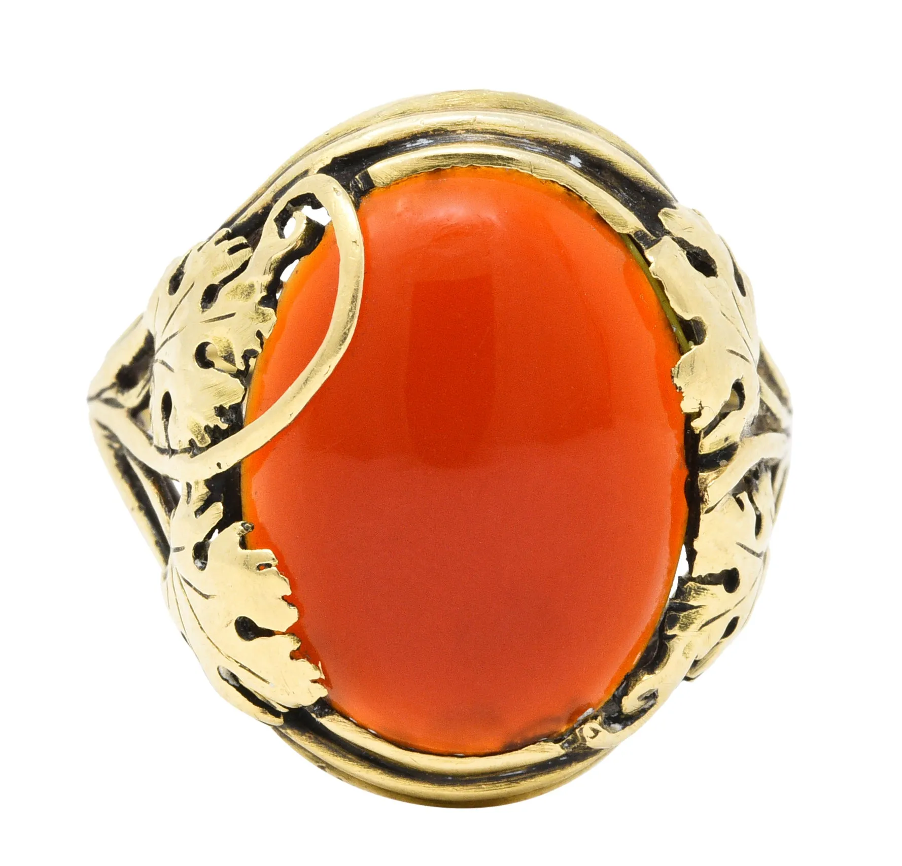 Arts & Crafts Carnelian Cabochon 18 Karat Gold Foliate Ring