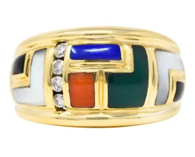 Asch Grossbardt Diamond Coral Onyx Chalcedony Lapis Lazuli 14 Karat Yellow Gold Vintage Band Ring