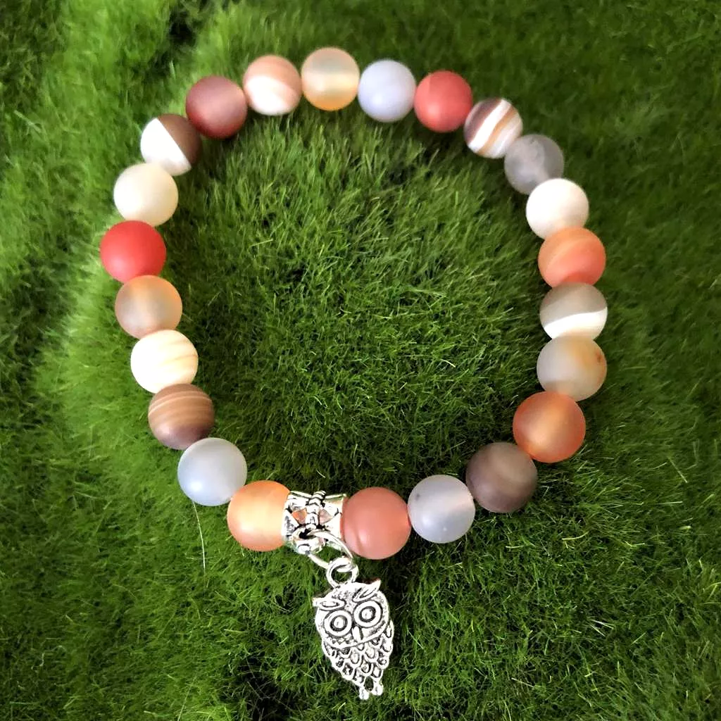 Carnelian Matte Agate Beaded Bracelet with Silver Owl Charm