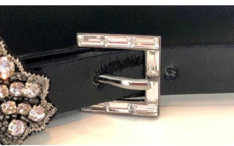 Chanel 2006 Fall 06A skinny Black Patent Leather waist Crystal Buckle Belt SZ 36