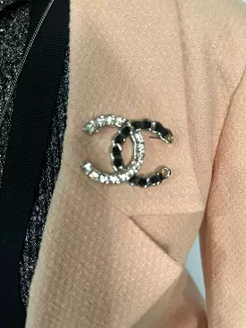 Chanel 2018 Black Woven Lambskin CC Crystal Baguette Pin Brooch