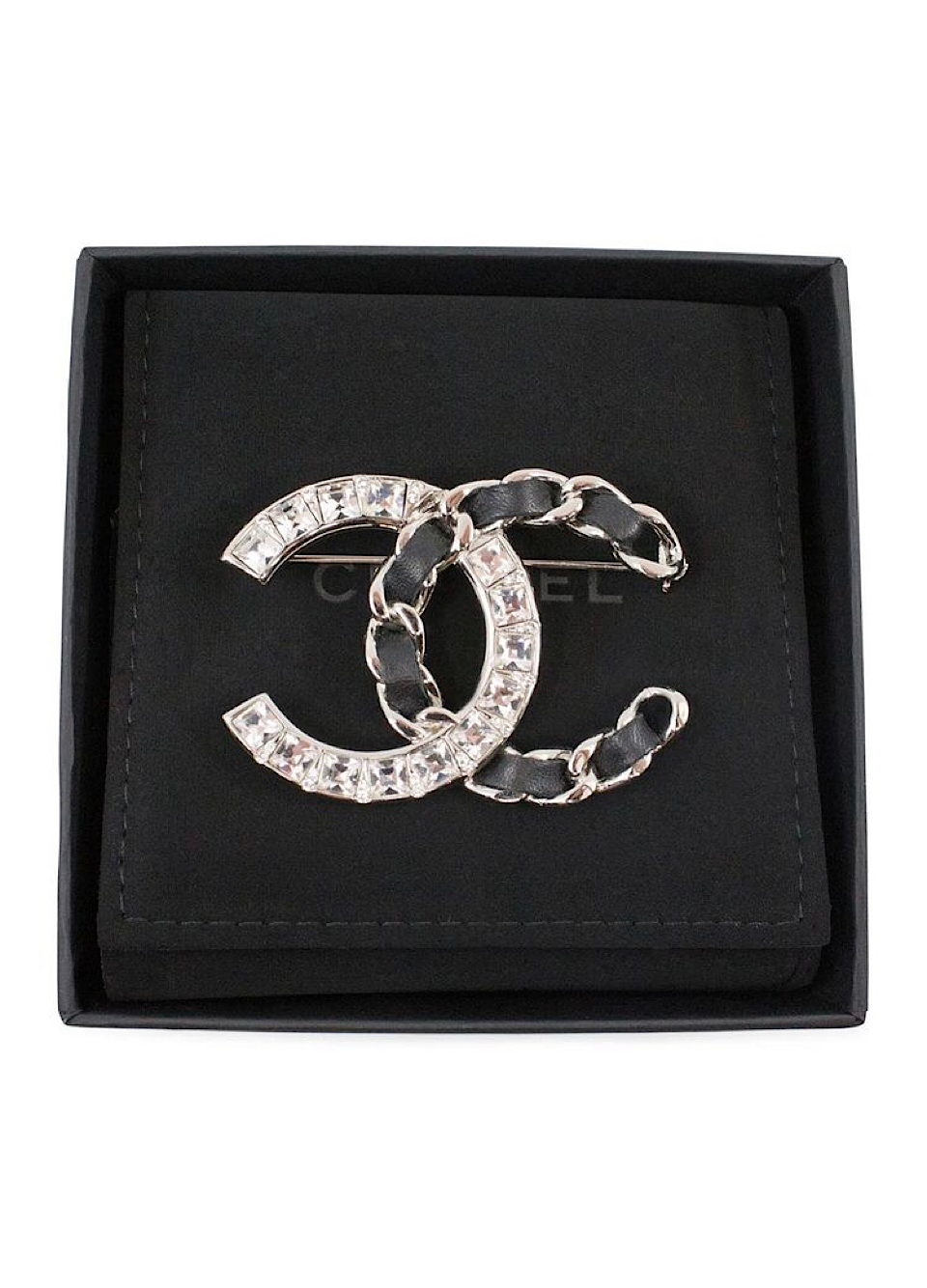 Chanel 2018 Black Woven Lambskin CC Crystal Baguette Pin Brooch