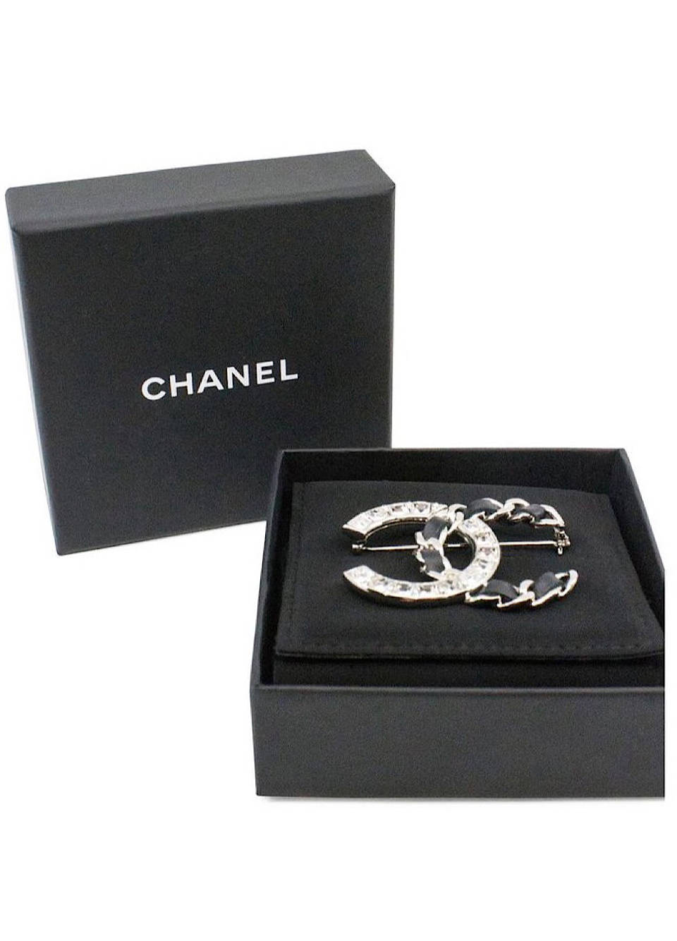 Chanel 2018 Black Woven Lambskin CC Crystal Baguette Pin Brooch