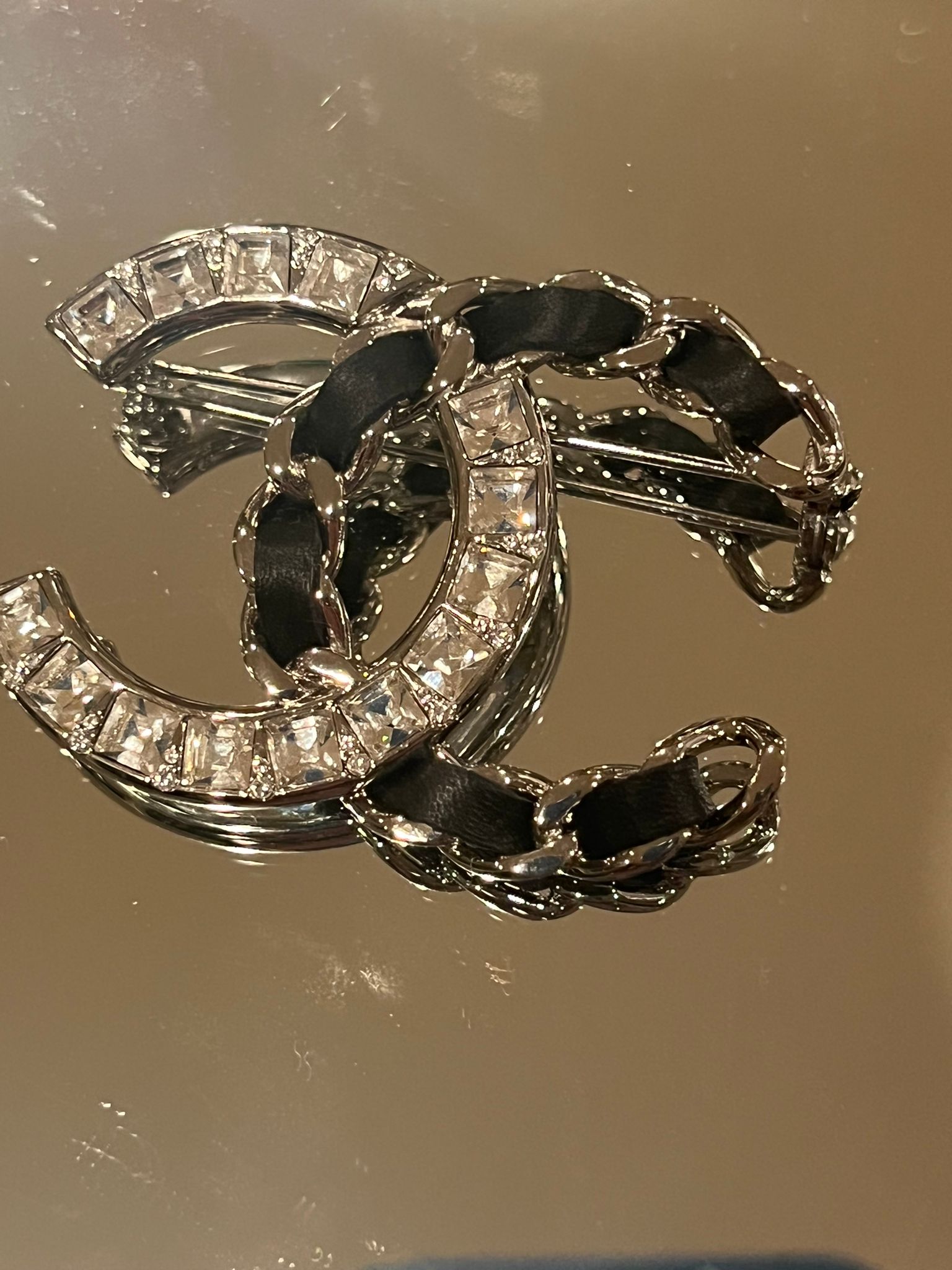 Chanel 2018 Black Woven Lambskin CC Crystal Baguette Pin Brooch