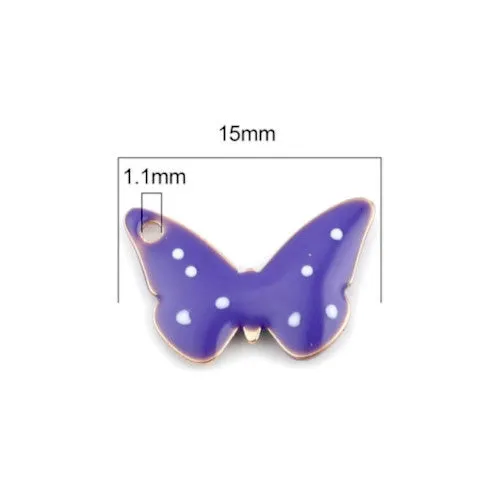 Charms, Butterfly, Purple, White, Enameled, Gold Plated, Brass, 15mm