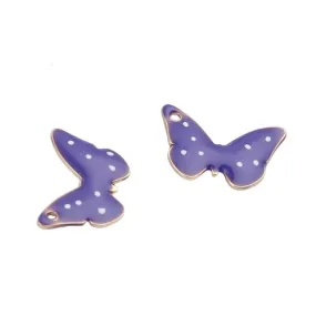 Charms, Butterfly, Purple, White, Enameled, Gold Plated, Brass, 15mm